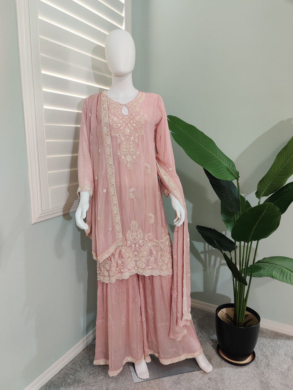 Soft Blush Pink Pearl Embroidered Sharara Kurta Set