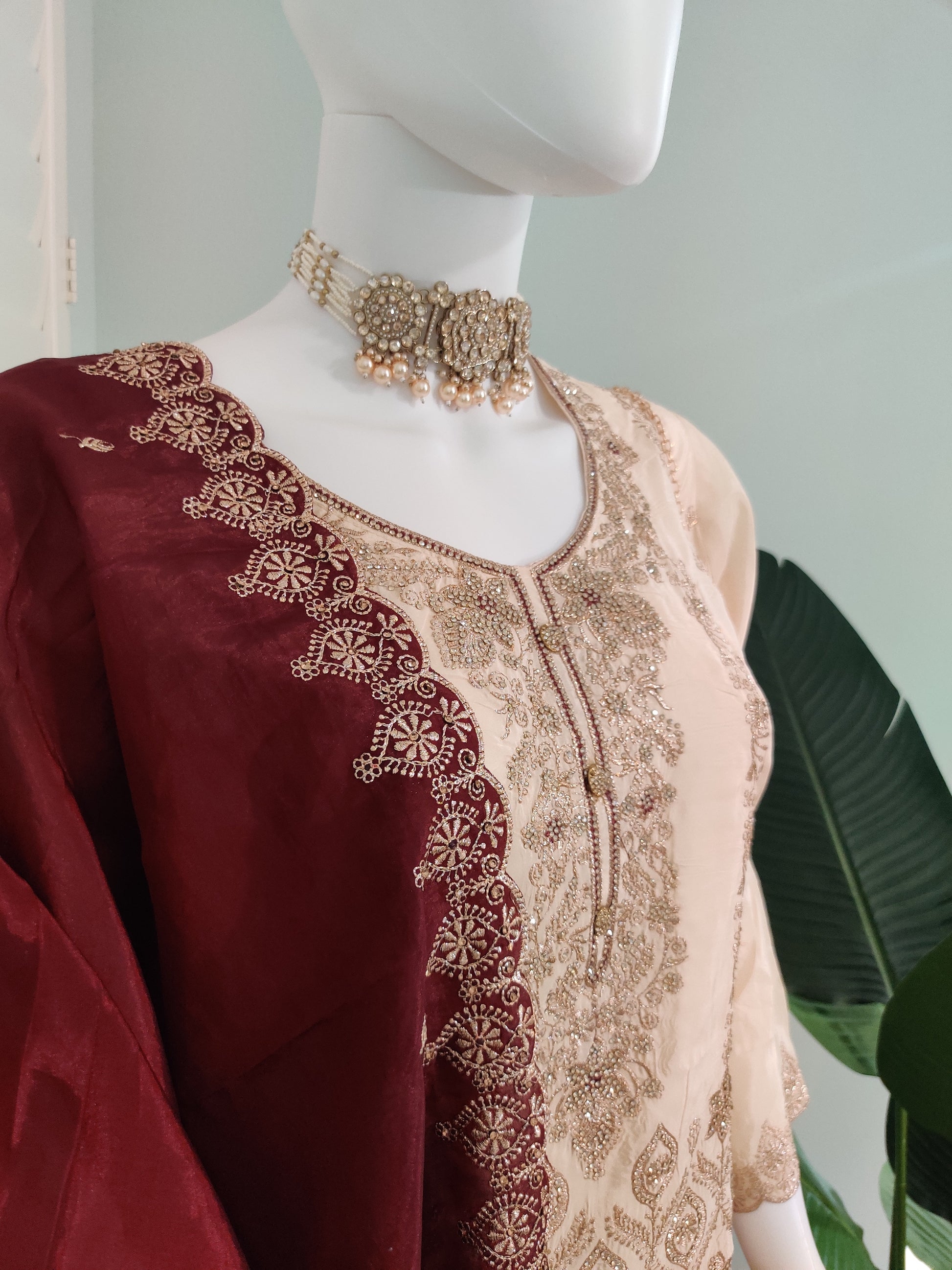 Glass Organza Embroidered Straight Pant Kurta set with Matching Purse