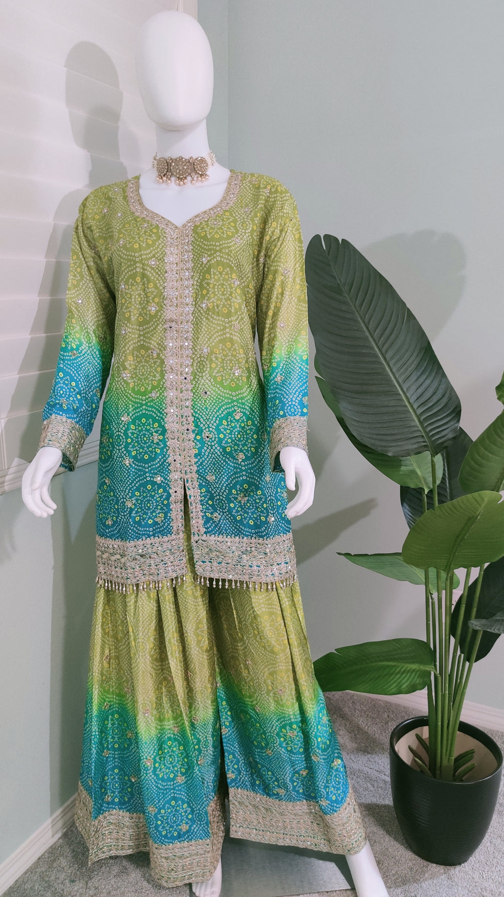 Chinnon Fabric Bandhej Print Heavy Palazzo Kurta Set