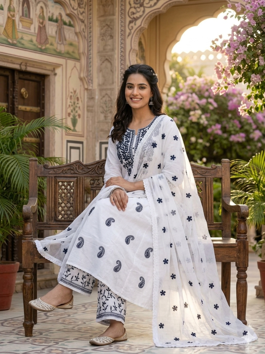 White Chikan Embroidered Summer Wear Plazzo Suit