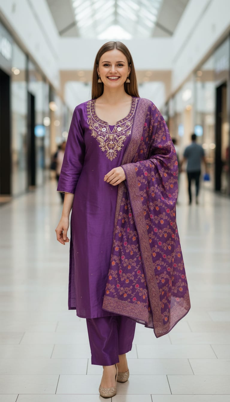 Purple Dola Silk Kurta Set
