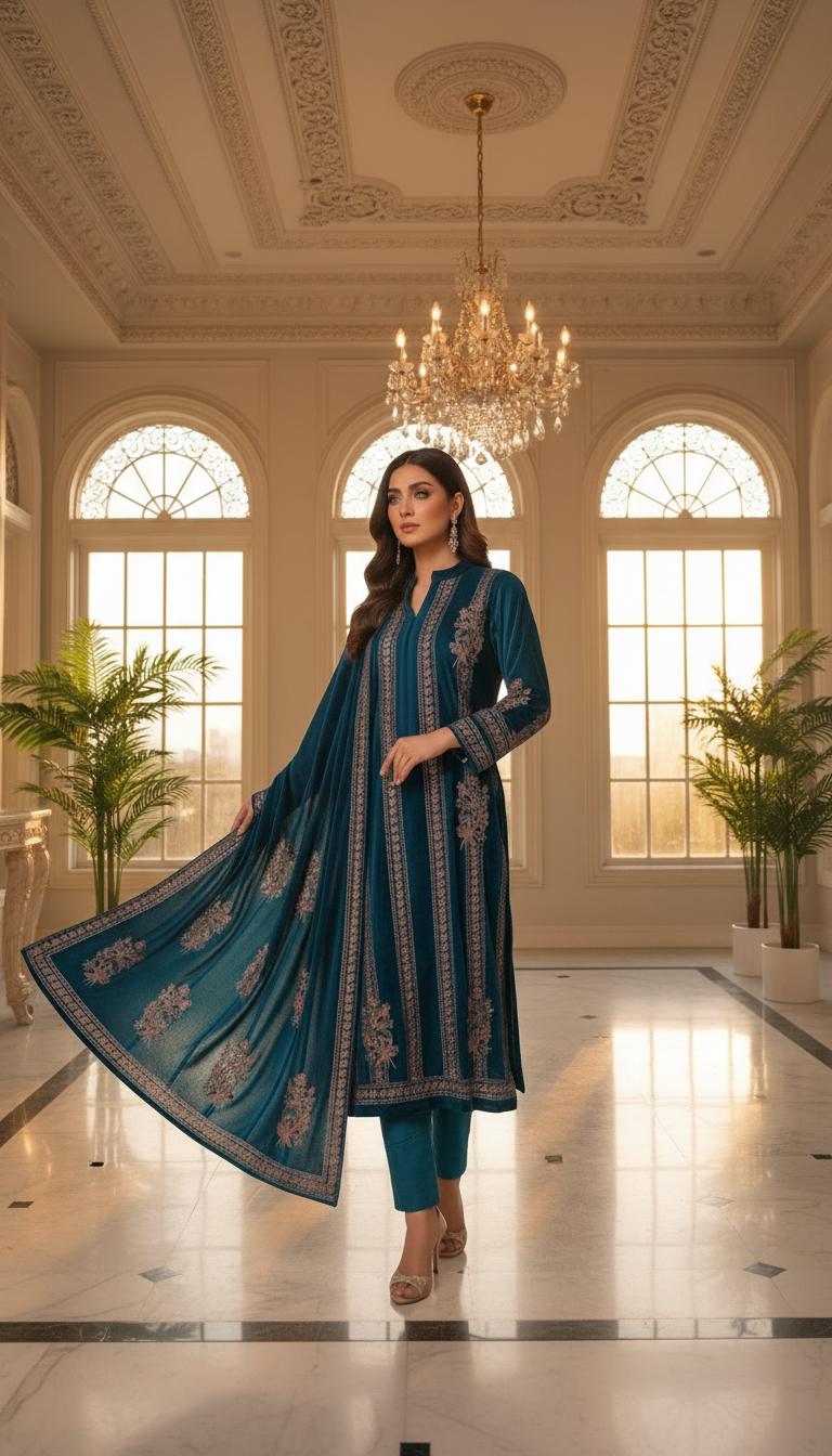 Teal Twilight: Embroidered Elegance in Velvet