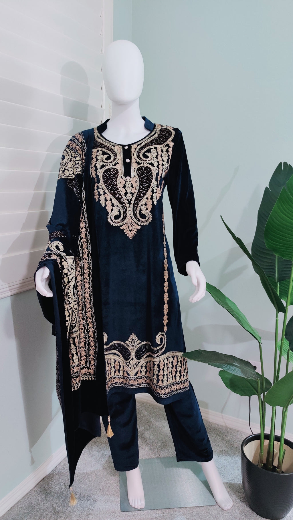 Navy Blue Fully Embroidered Velvet Kurta Set