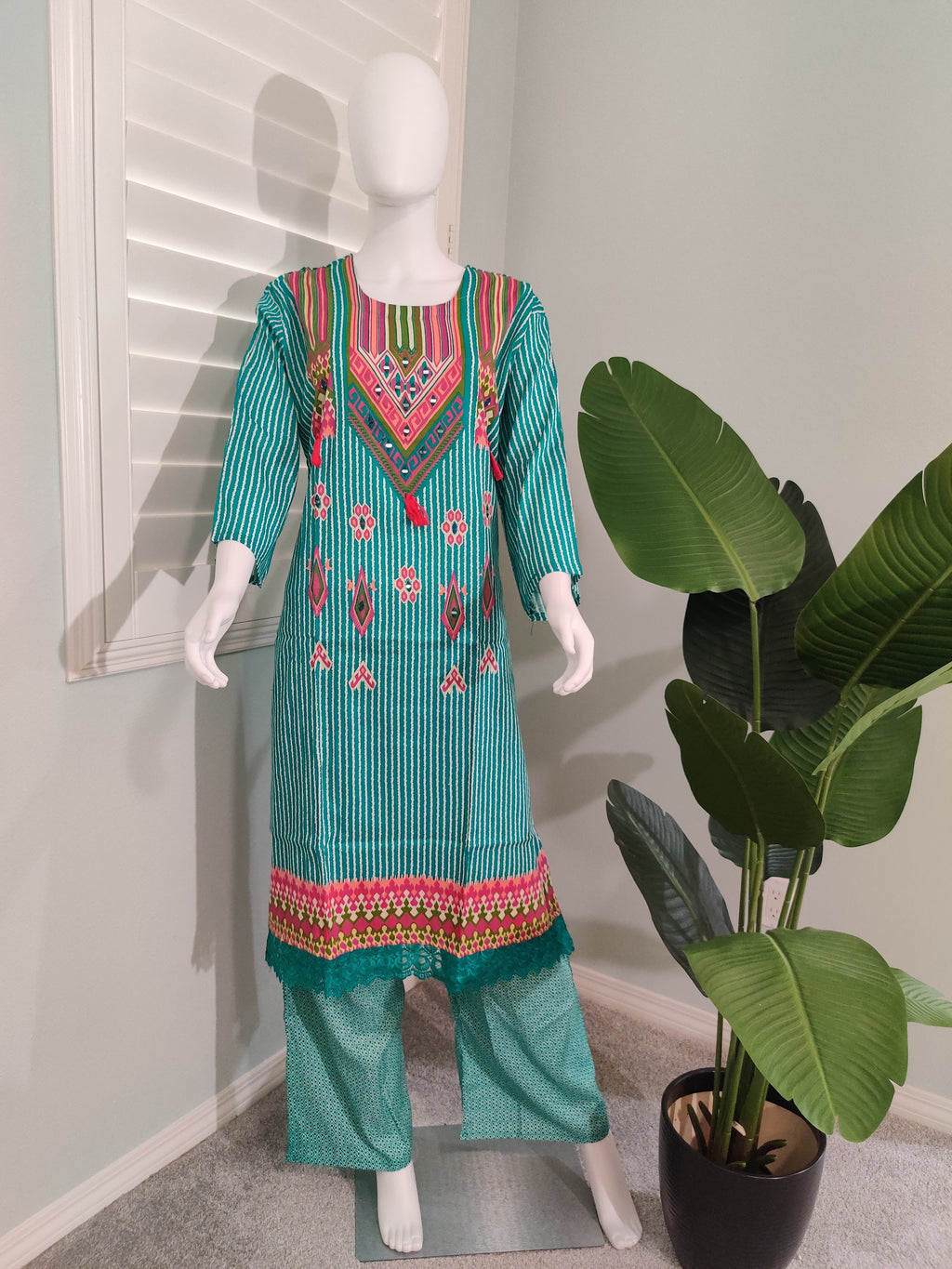 Turquoise Garden Printed Cotton Kurta Set (Plus Size)