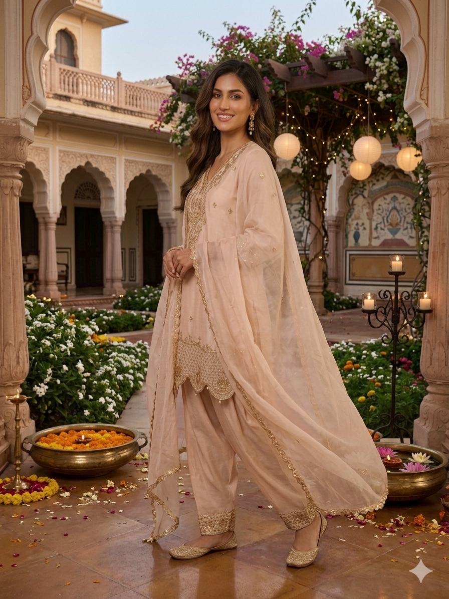 Festive Wear Beige Handwork Embroidered Farshi Salwar Kurta Set