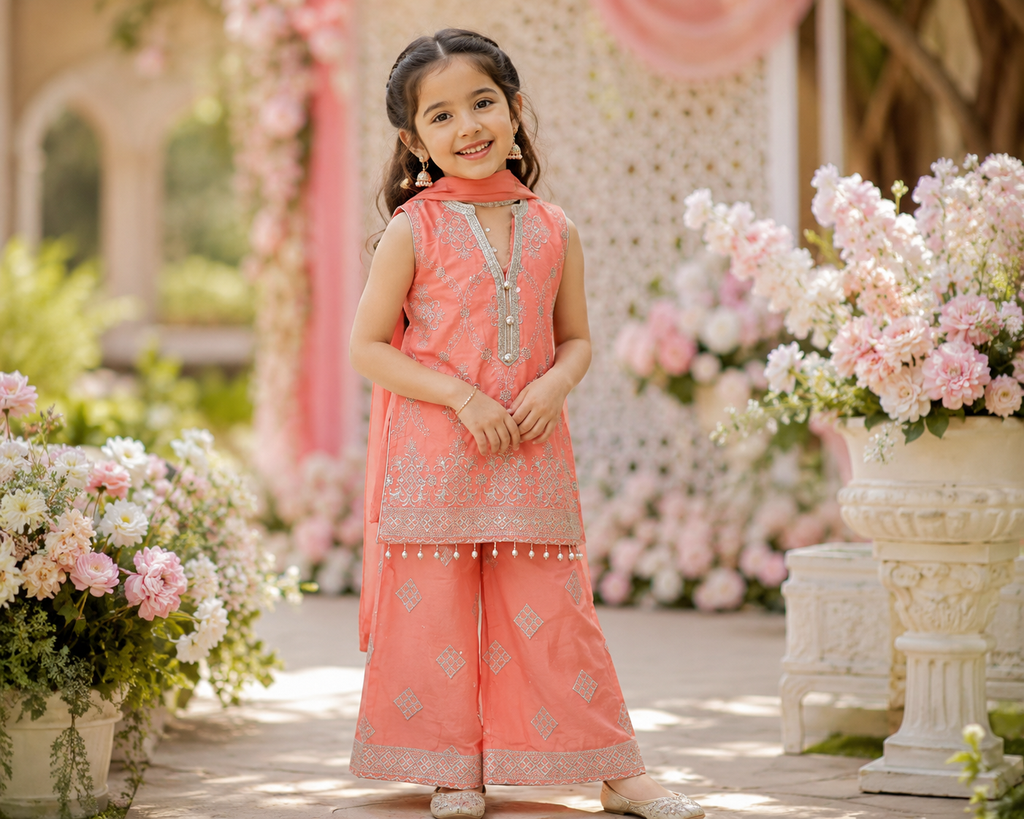 Coral Cotton Plazzo Kurta Set for girls