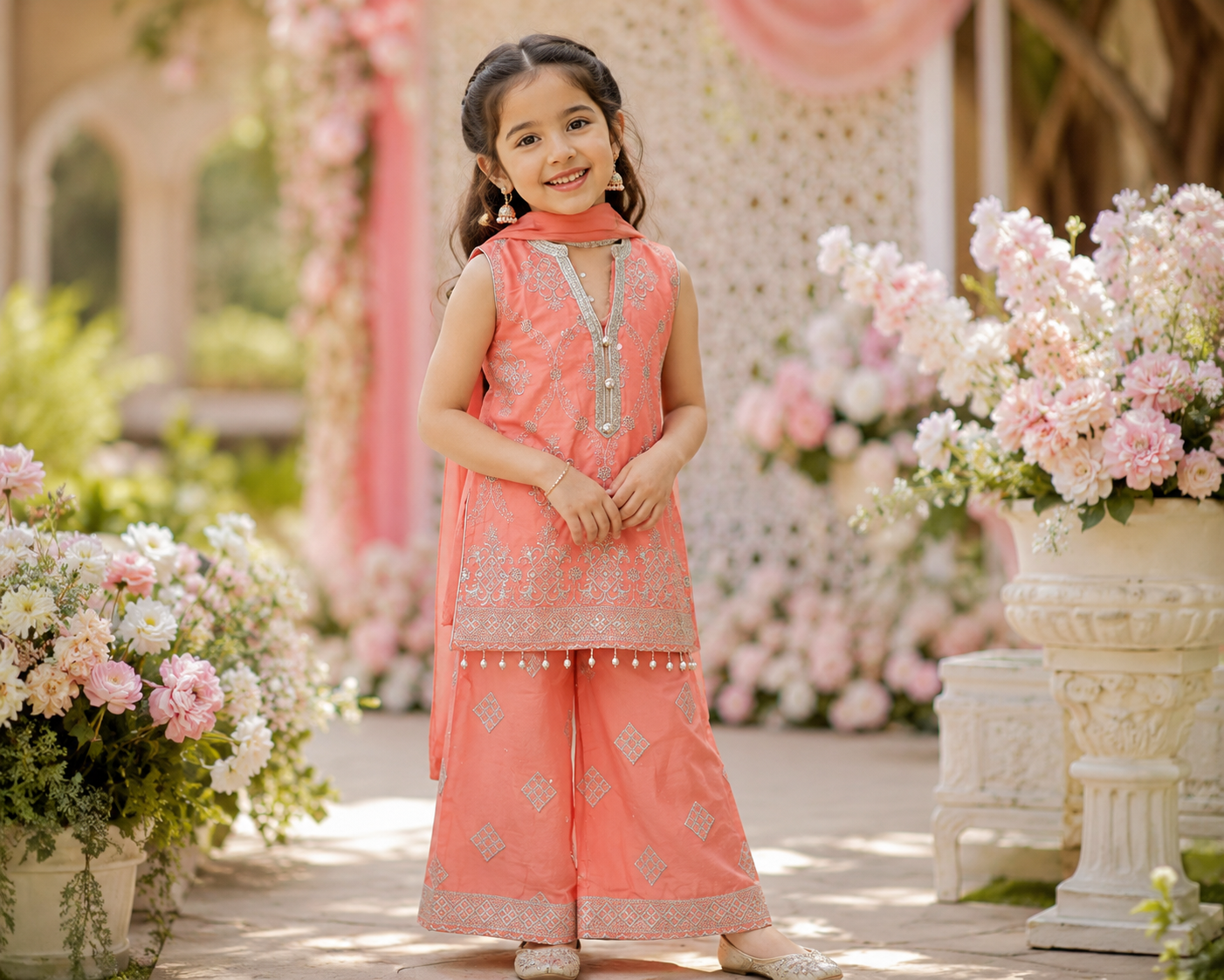 Coral Cotton Plazzo Kurta Set for girls