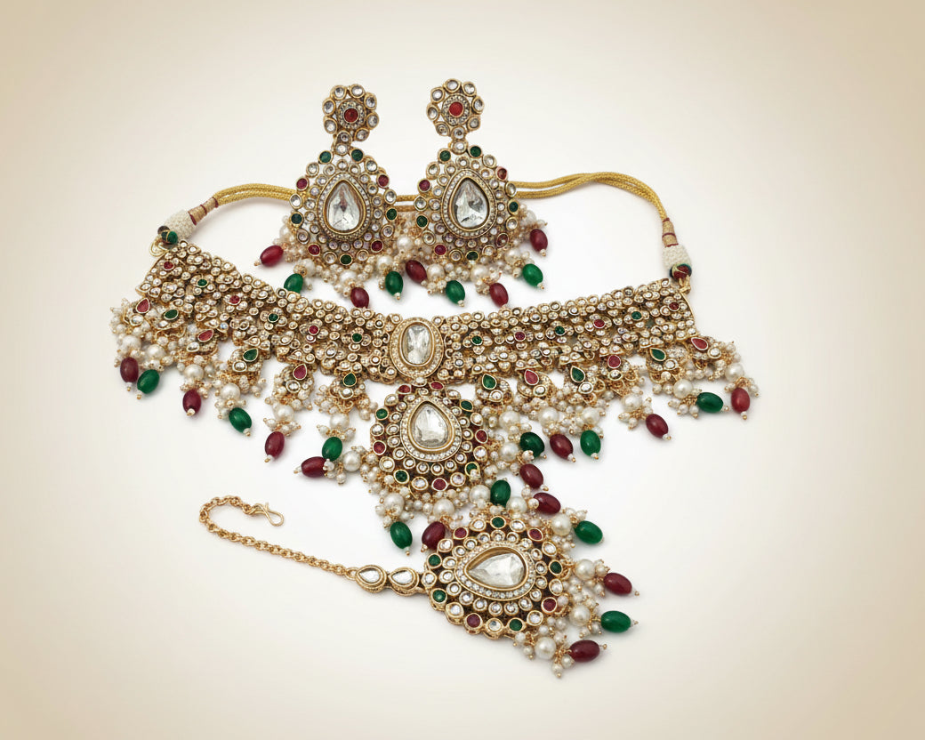 Regal Multicolor Polki Choker Set with Earrings & Maang Tikka