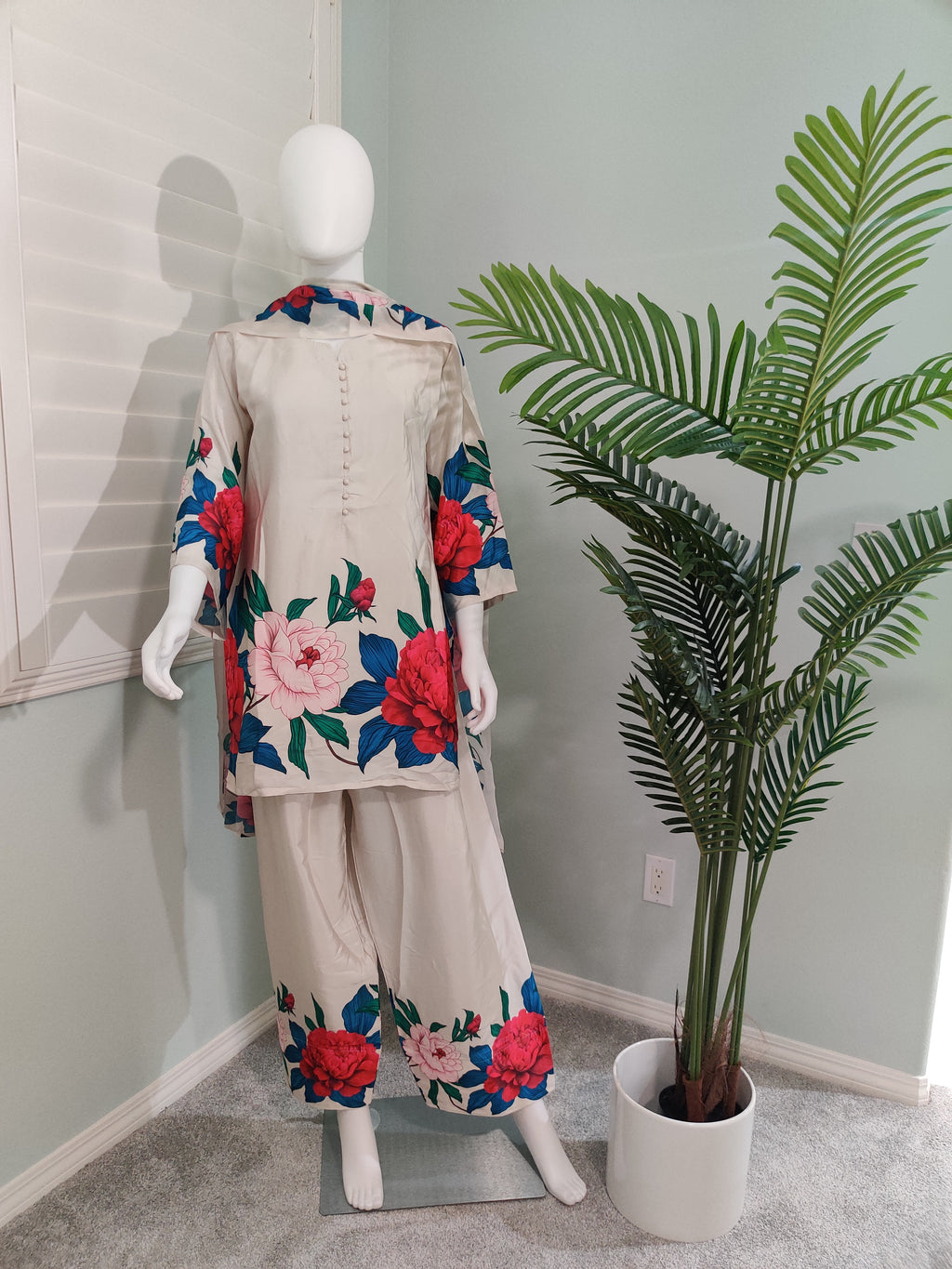 Beige Satin Silk Digital Print Farshi Salwar Suit