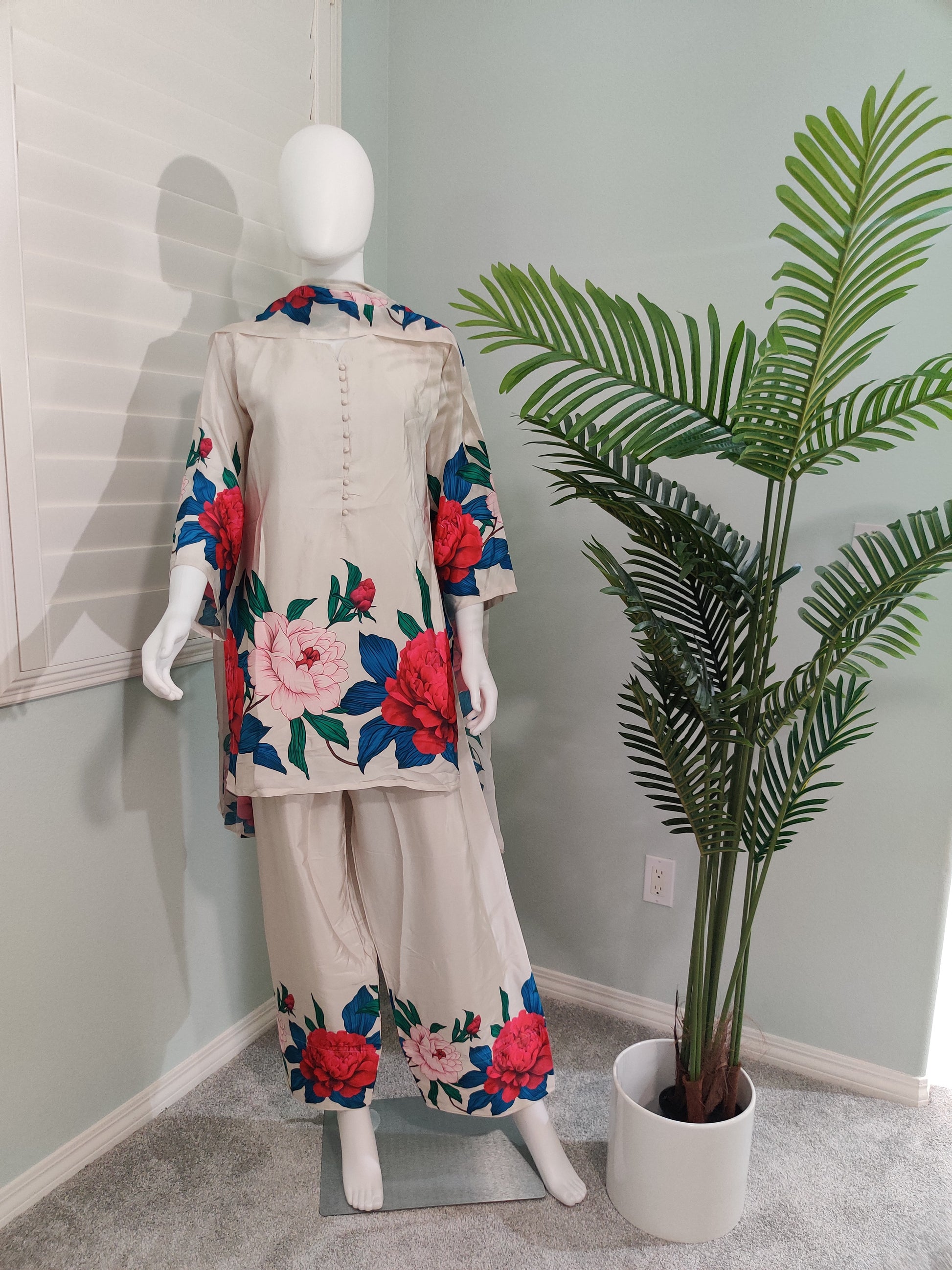 Beige Satin Silk Digital Print Farshi Salwar Suit