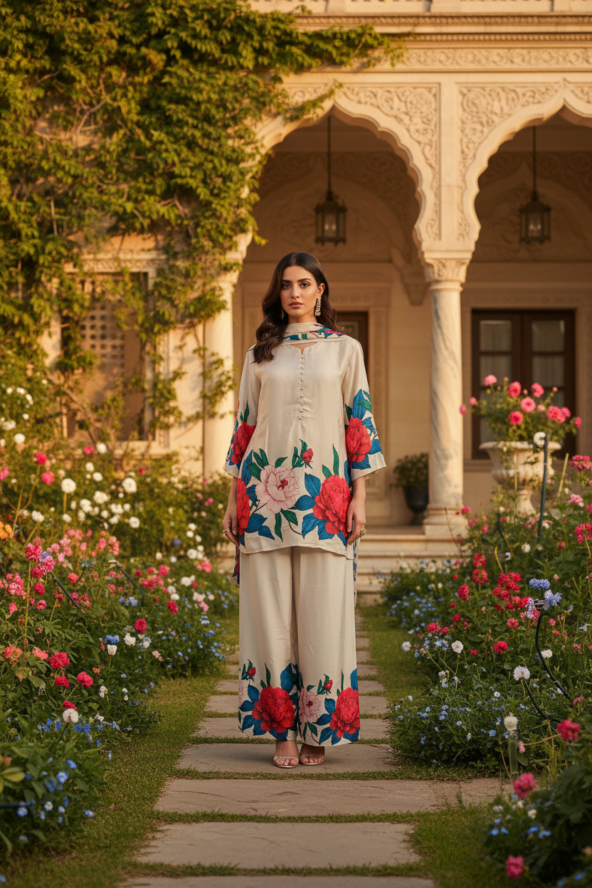 Beige Satin Silk Digital Print Farshi Salwar Suit