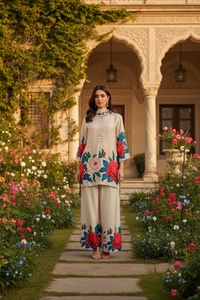 Beige Satin Silk Digital Print Farshi Salwar Suit