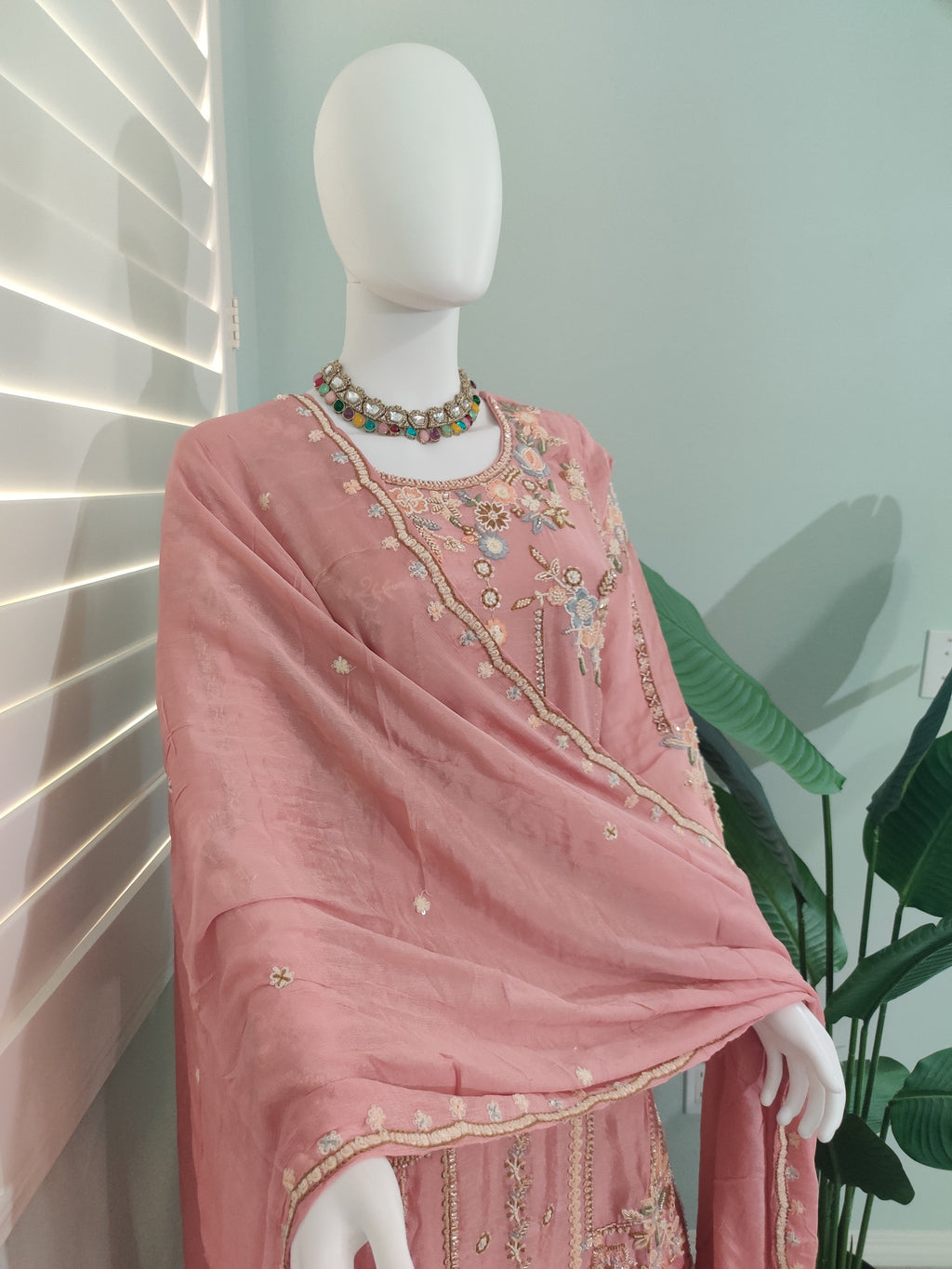 Peach Pink Handwork Embroidered Plazzo Kurta Set