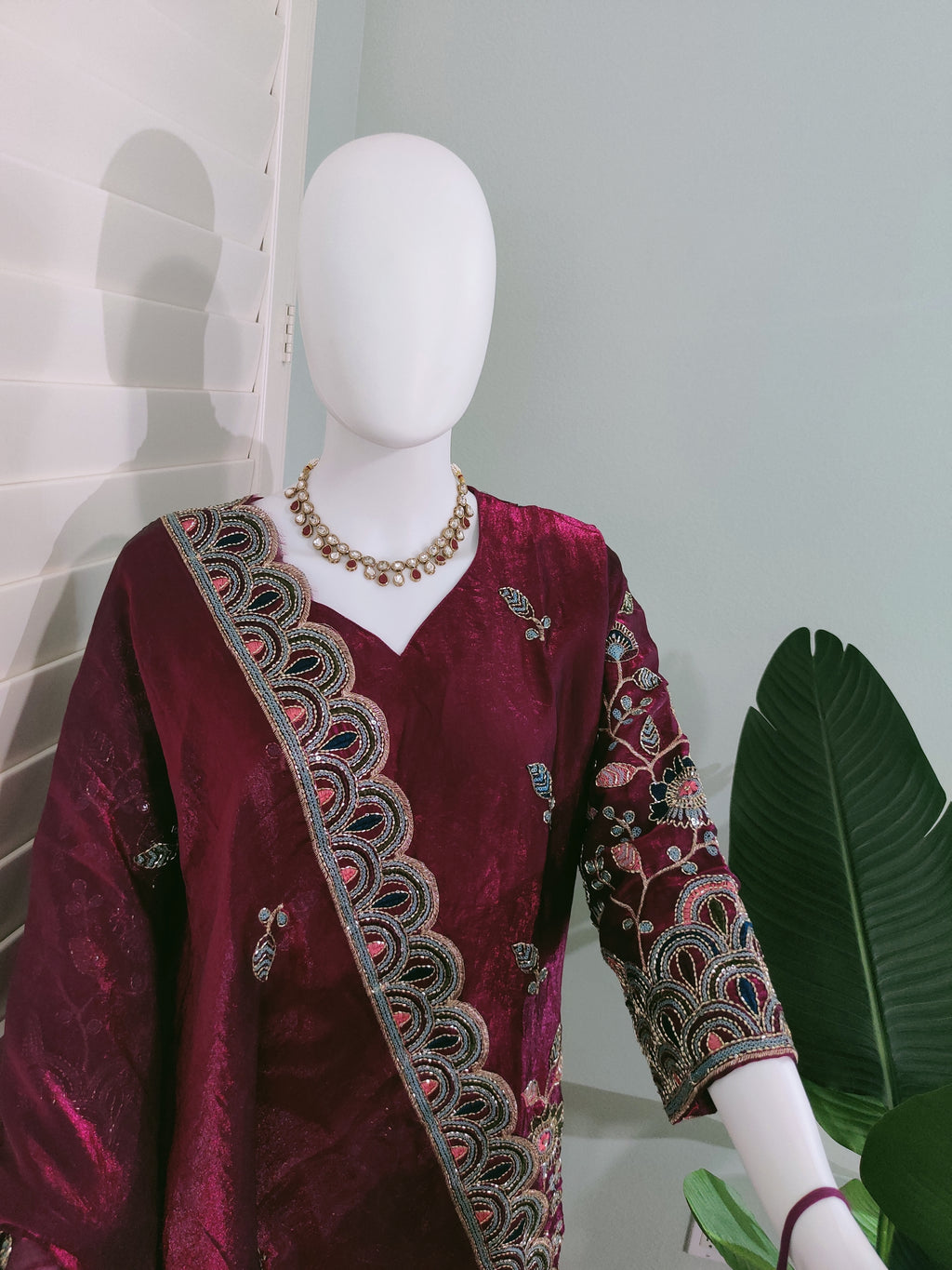 Plus Size Plazzo Suit set in Tissue Shimmer with Potli