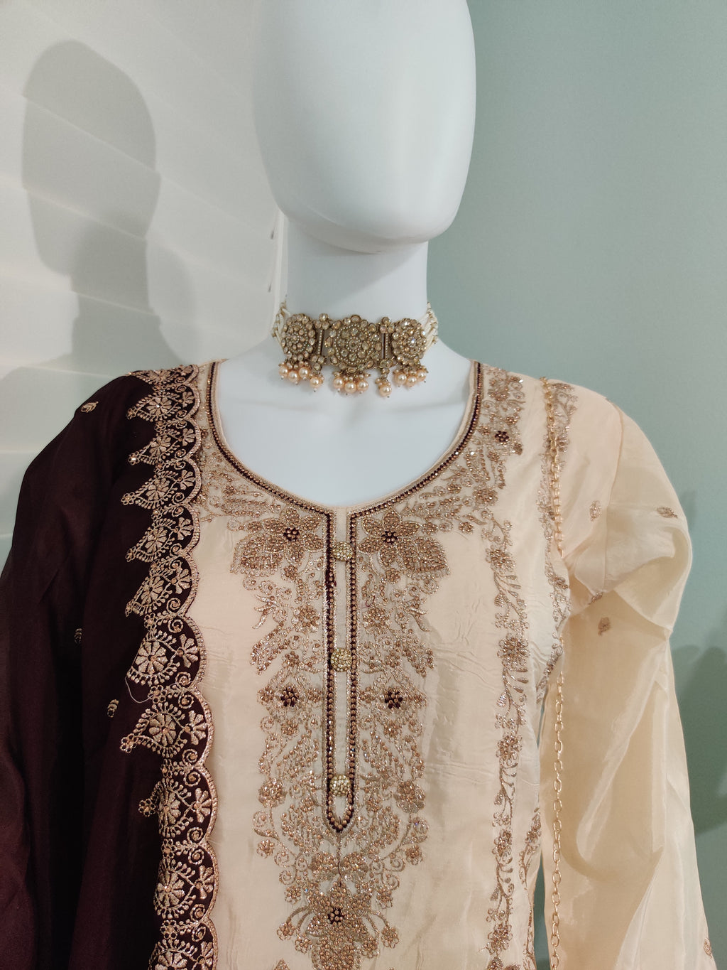 Glass Organza Embroidered Straight Pant Kurta set with Matching Purse