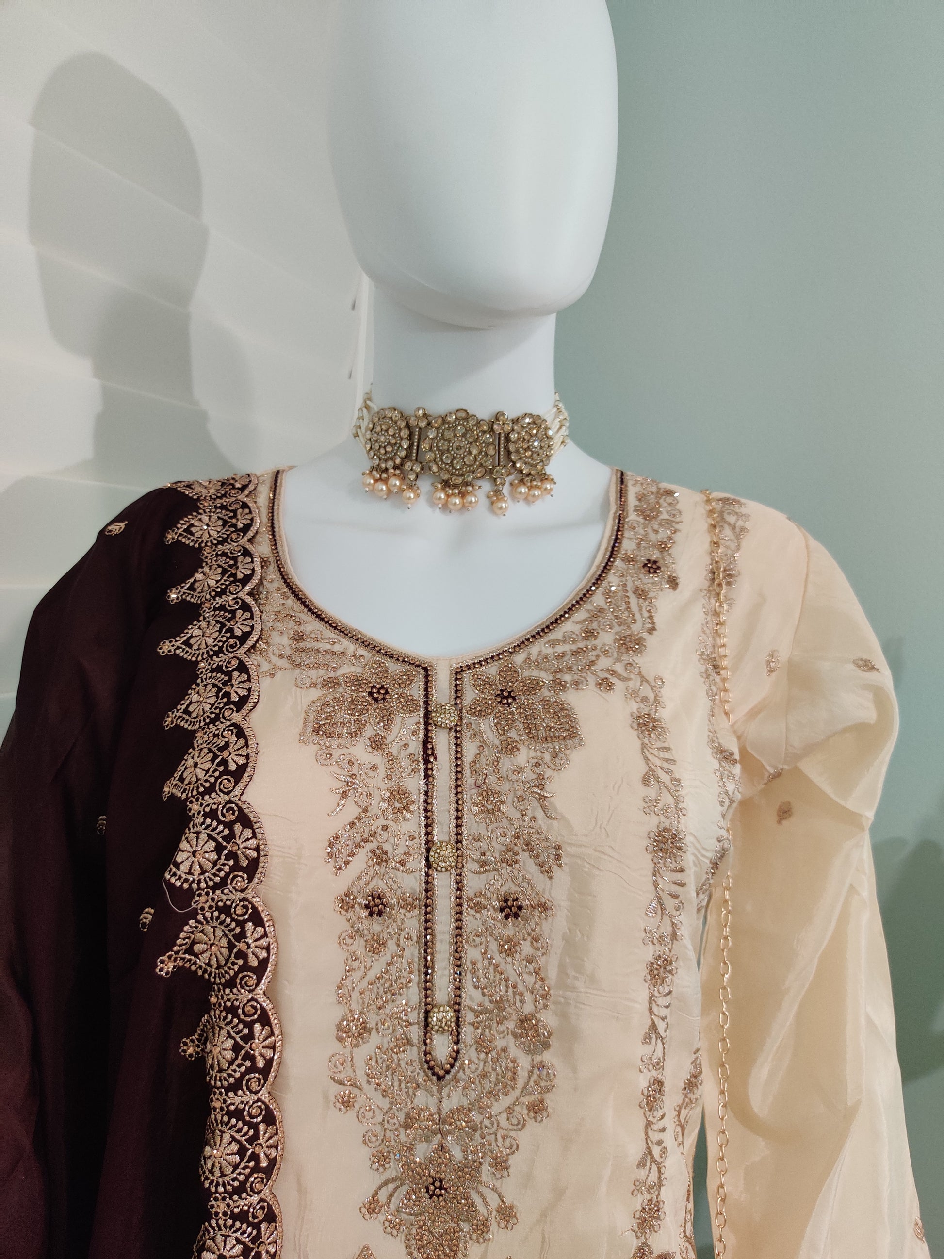 Glass Organza Embroidered Straight Pant Kurta set with Matching Purse