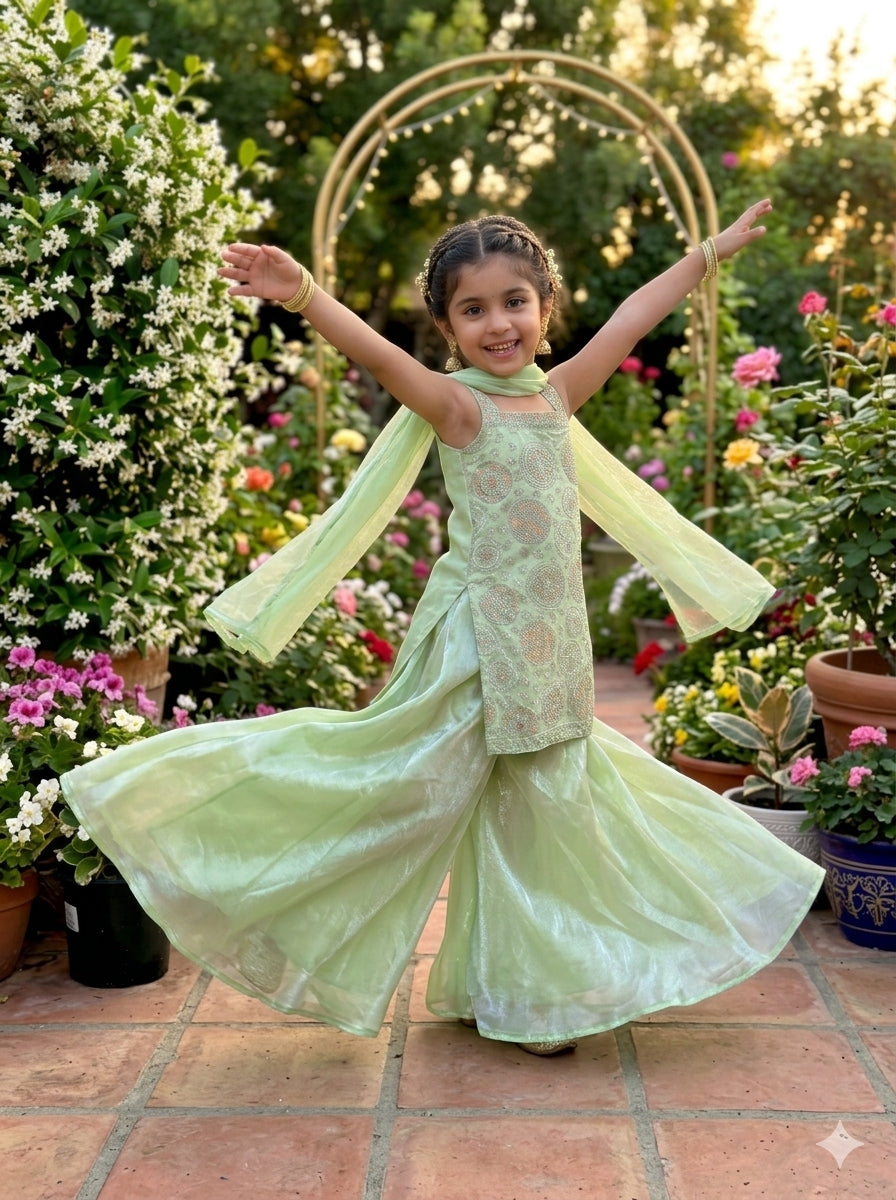 Green Festive Wear Plazzo Kurta set for girls