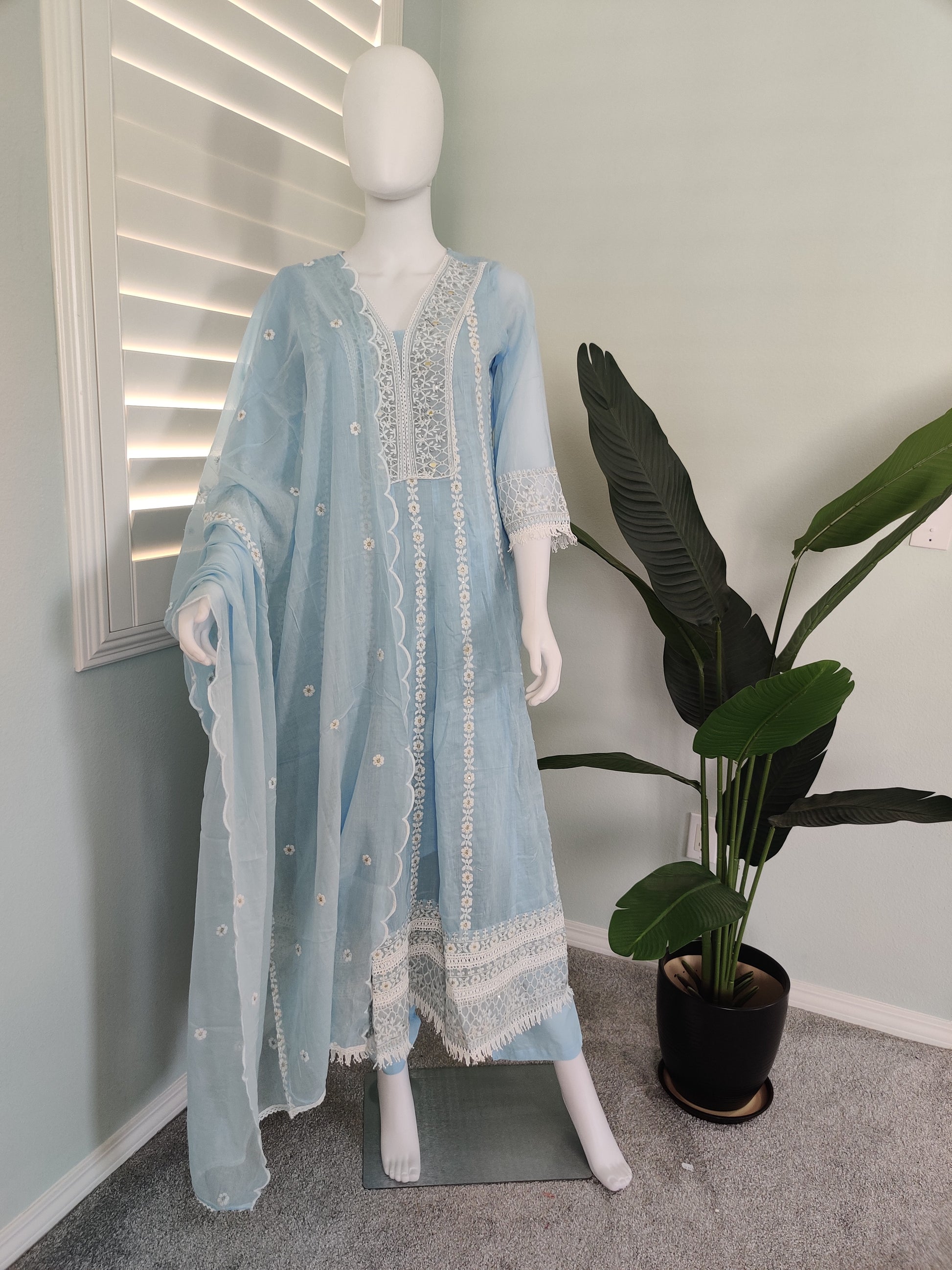 Powder Blue Mul Cotton Anarkali Kurta Set