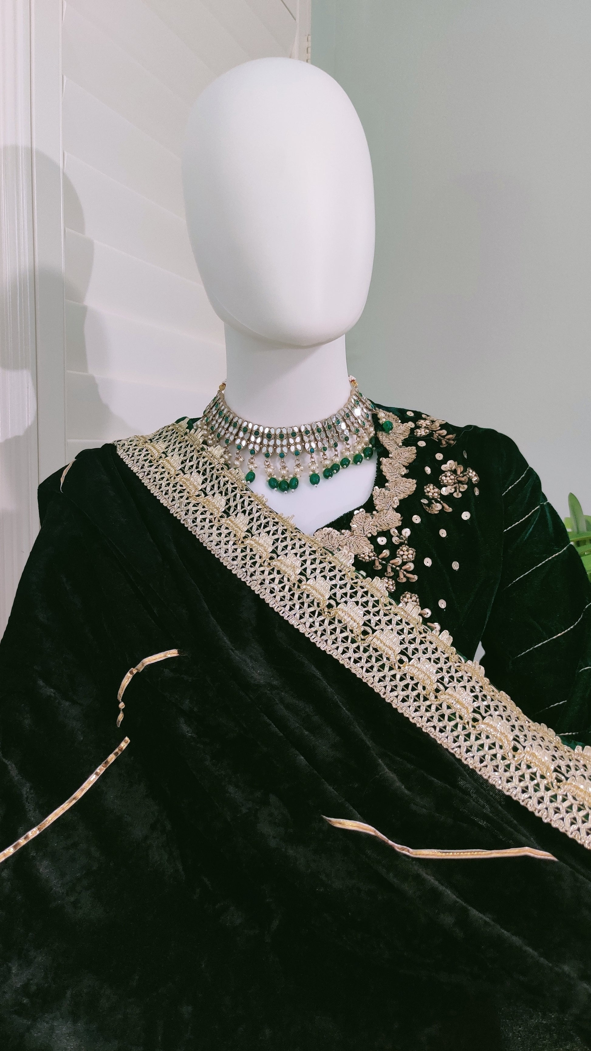 Embroidered Bottle Green Velvet Suit With Black Palazzo And Back Dupatta