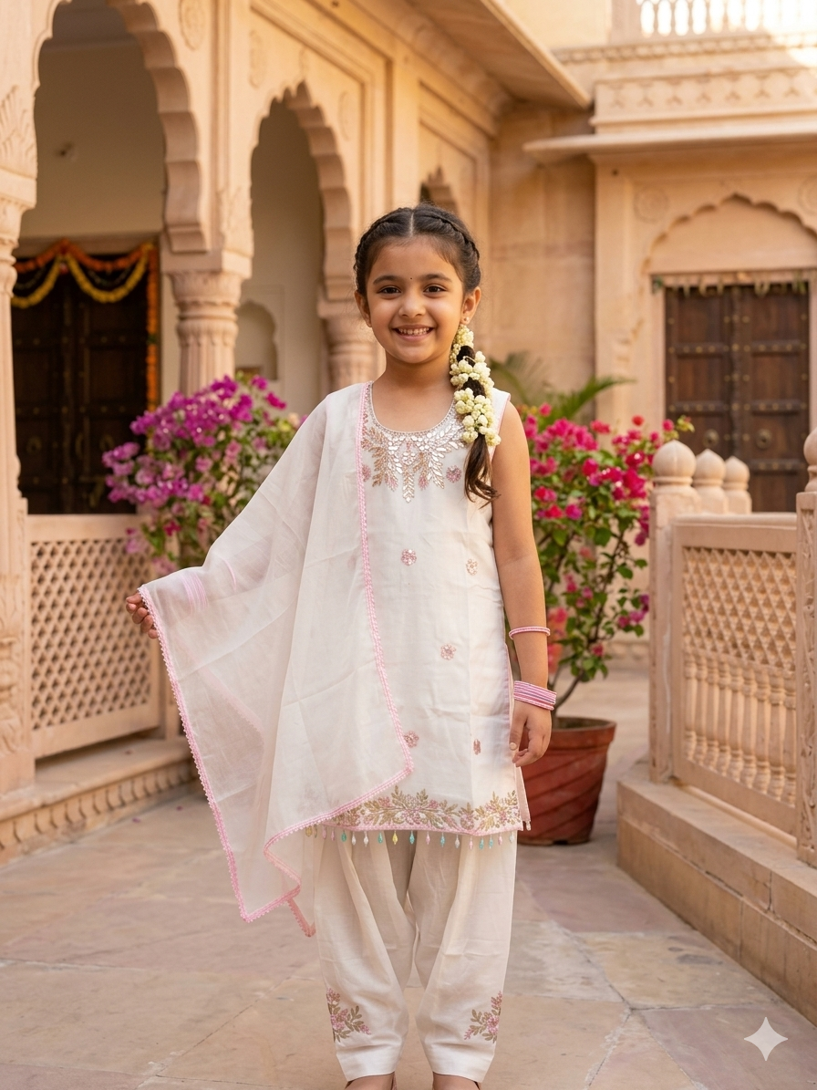 Off white Girls Summer Wear Cotton Suit