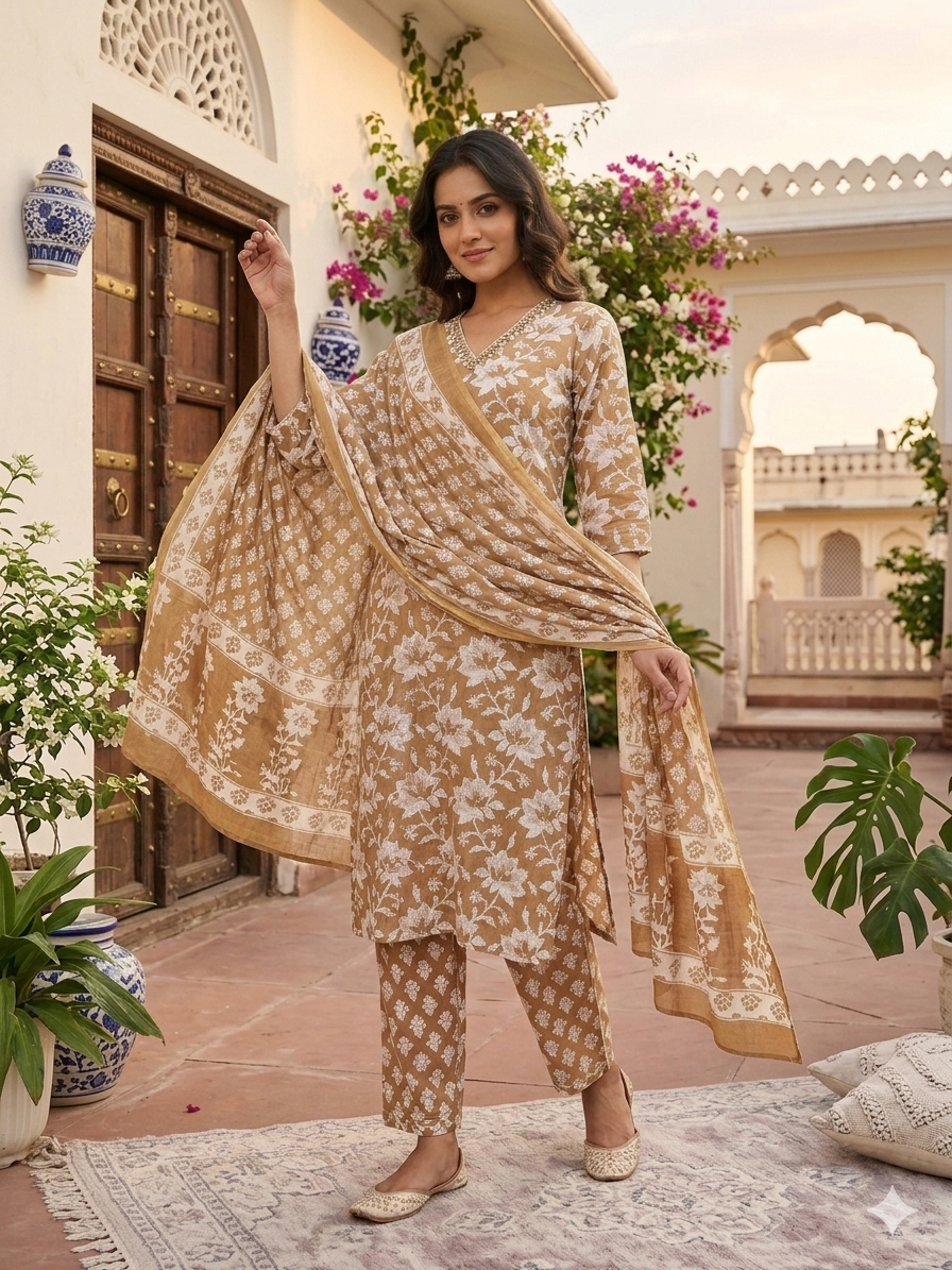 Beige Summer Wear Cotton Kurta Set