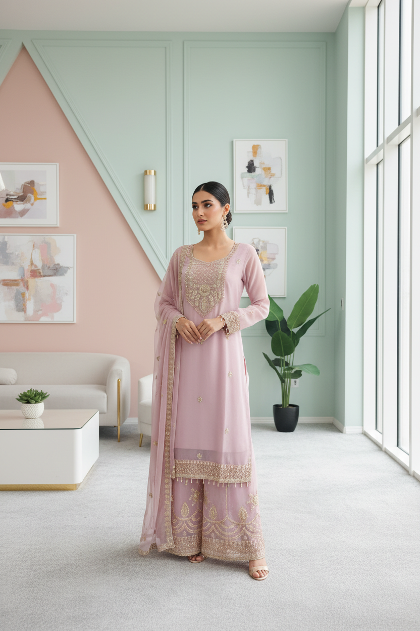 Pakistani Handwork Embroidered Plazzo Kurta Set