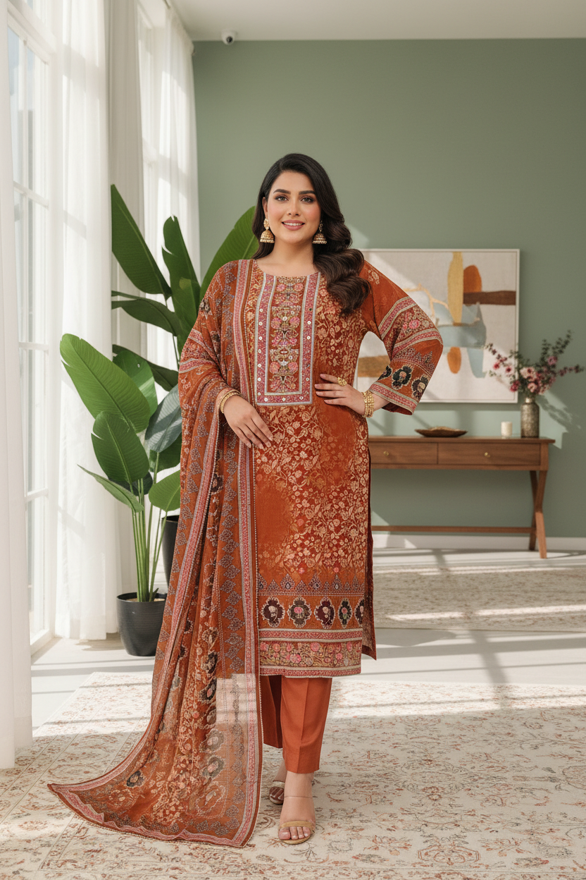 Crepe Silk Printed Mirror-Work Kurta Set