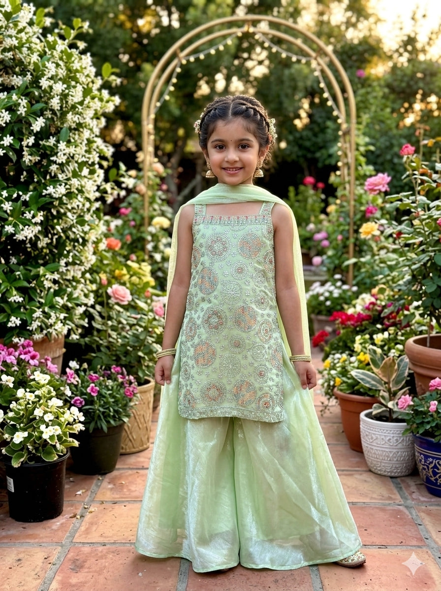 Green Festive Wear Plazzo Kurta set for girls