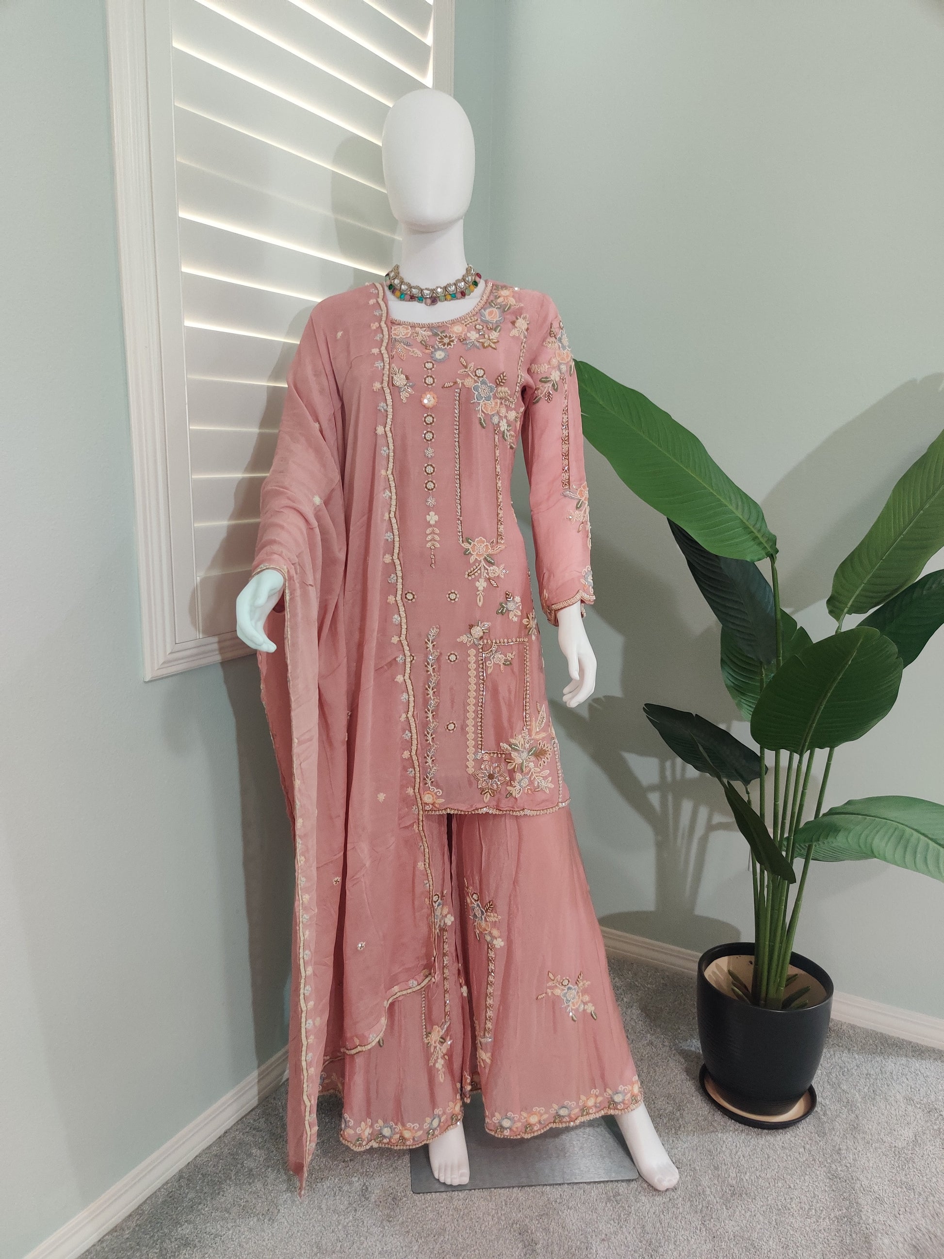 Peach Pink Handwork Embroidered Plazzo Kurta Set