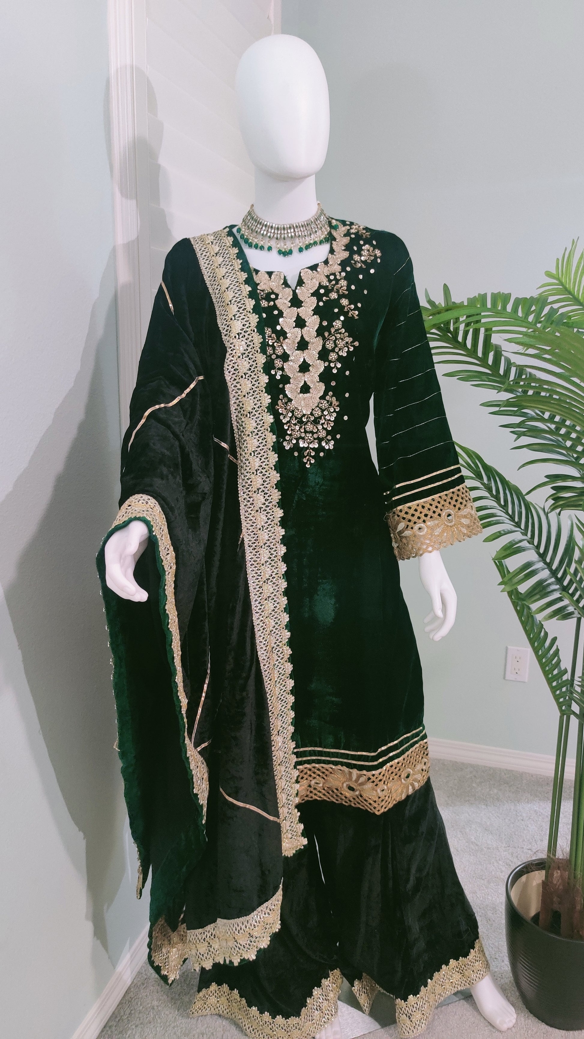 Embroidered Bottle Green Velvet Suit With Black Palazzo And Back Dupatta