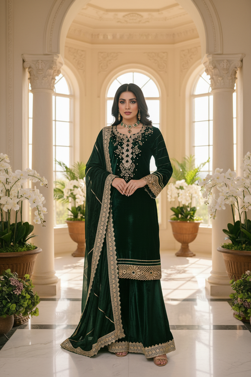 Embroidered Bottle Green Velvet Suit With Black Palazzo And Back Dupatta