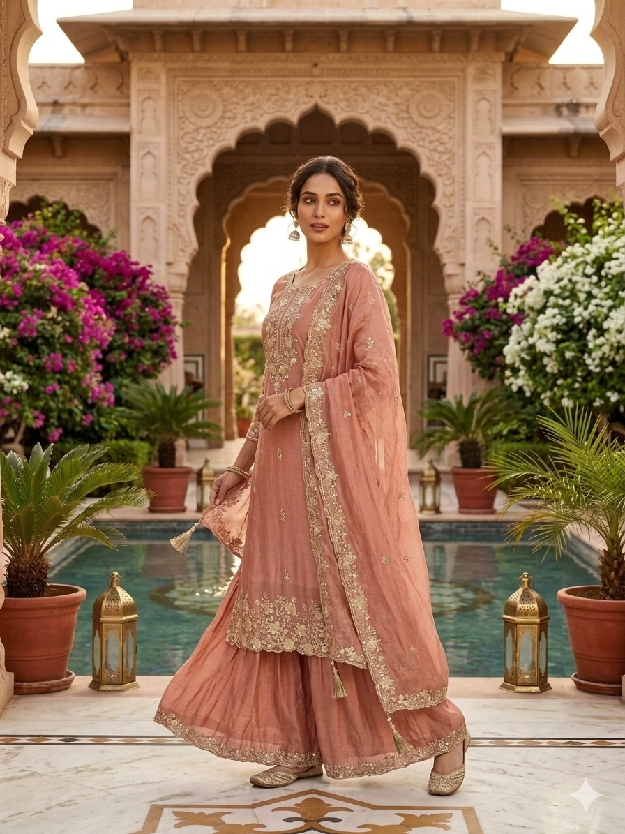 Peach Tissue Shimmer Handwork Embroidered Wedding Wear Suit