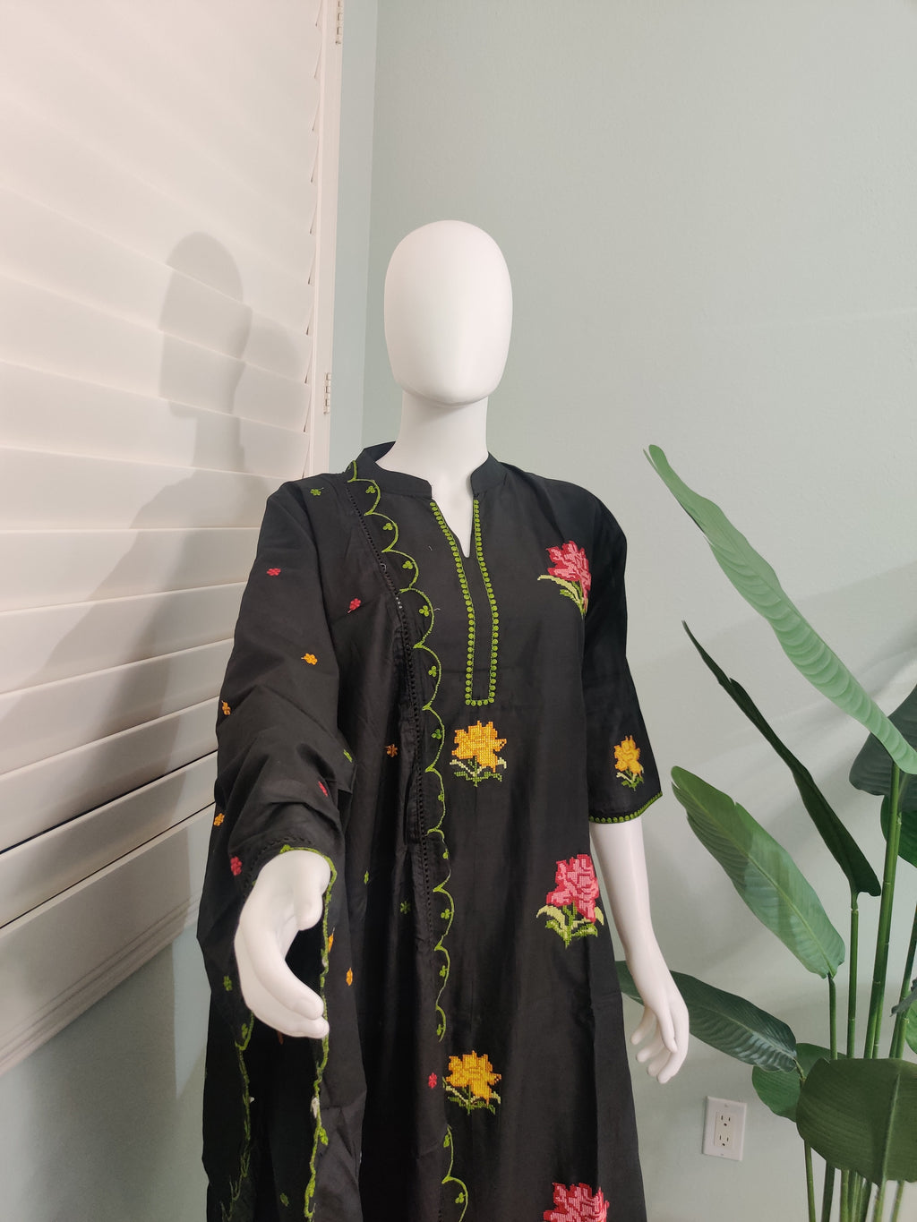 Elegant Black Cotton Embroidered Kurta & Palazzo Set