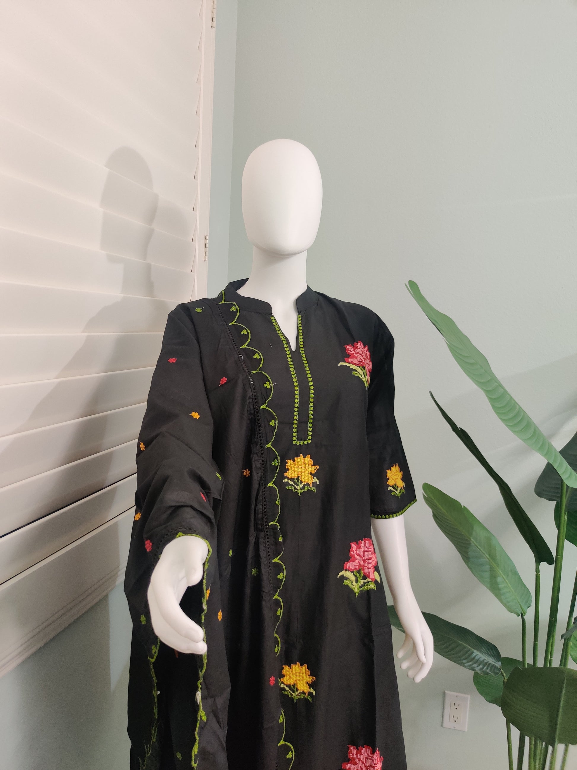 Elegant Black Cotton Embroidered Kurta & Palazzo Set