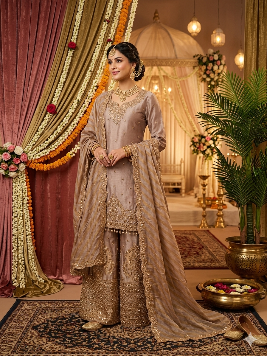 Lavender-Golden Handwork Embroidered Wedding Wear Plazzo Suit