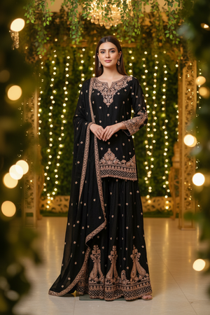 Black Handwork Embroidered Wedding Wear Plazzo Suit