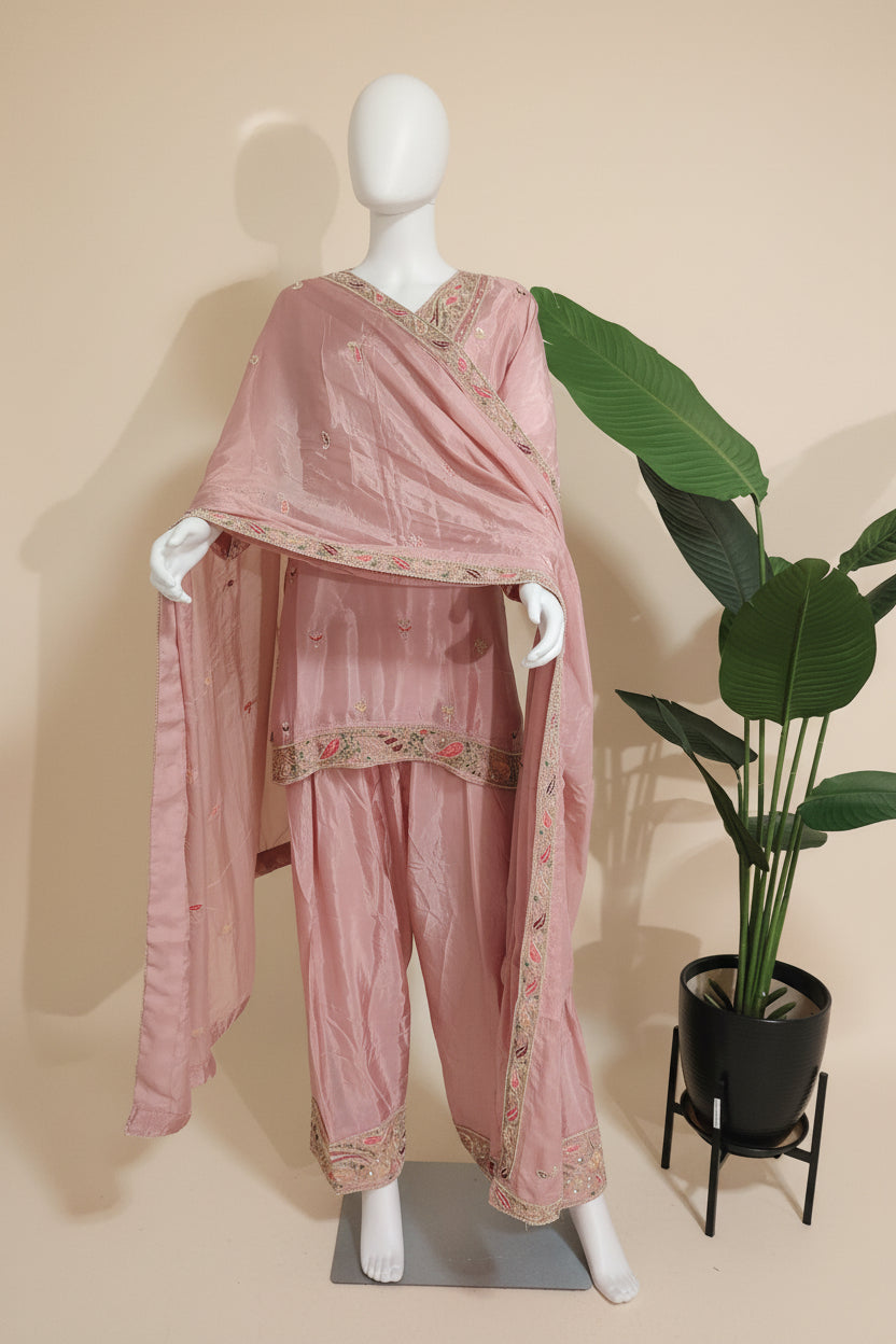 Light Pink Handwork Embroidered Farshi Salwar Suit