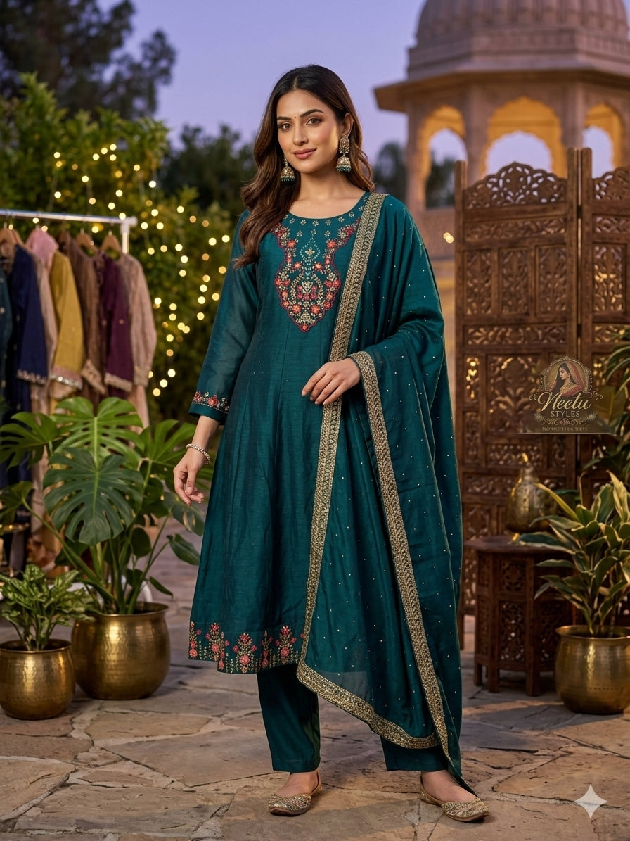 Dark Teal Anarkali Kurta Set