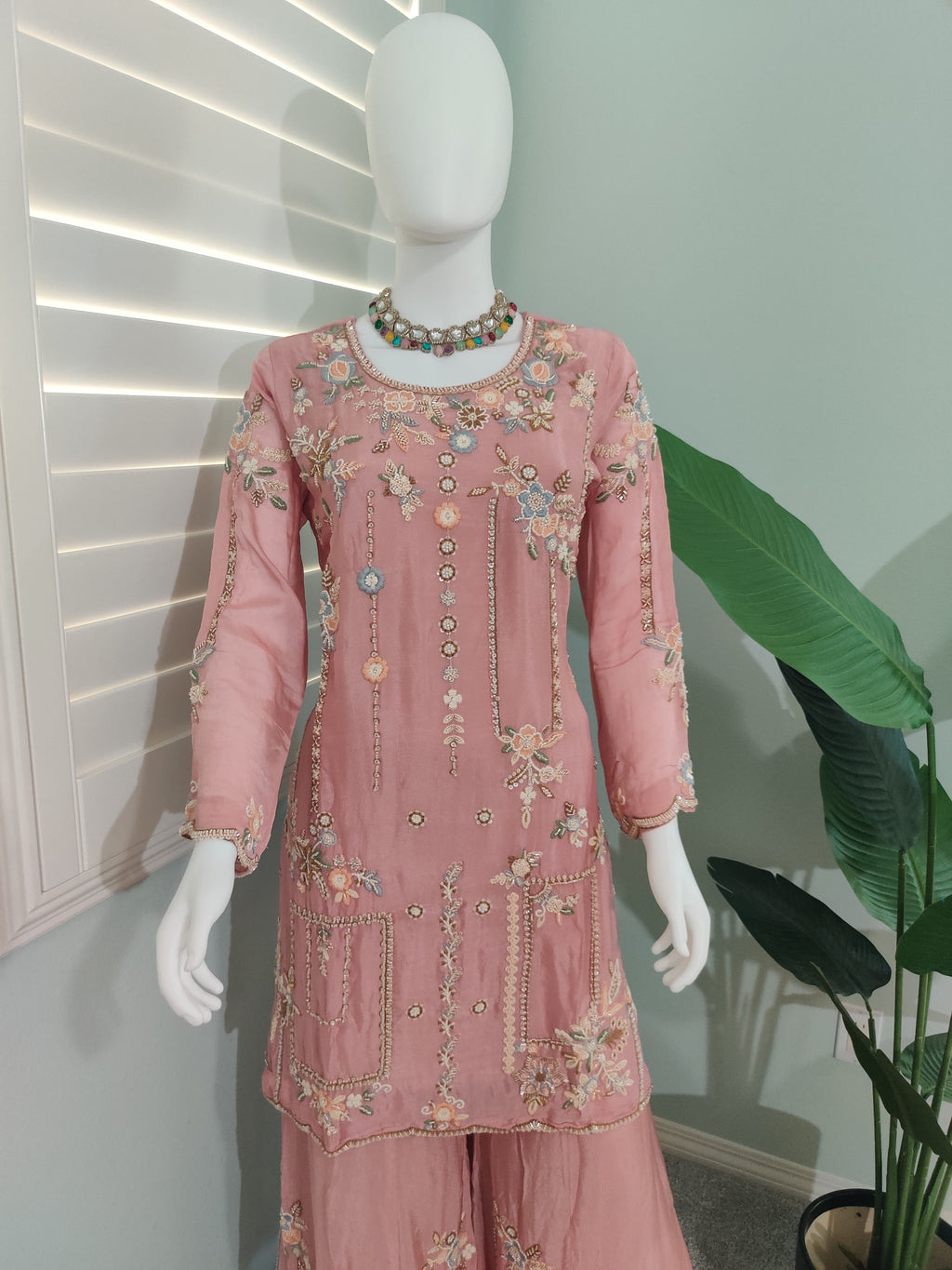Peach Pink Handwork Embroidered Plazzo Kurta Set