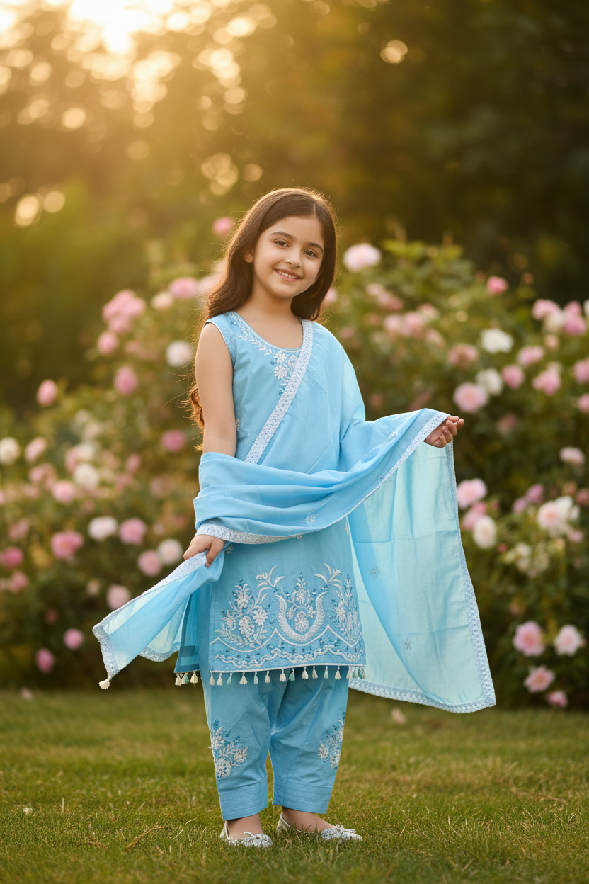 Little Girls’ Summer Wear Cotton Embroidered Salwar Suit Set — Light Blue