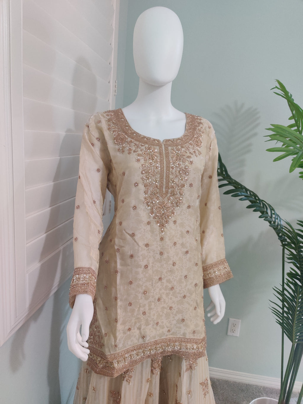 Beige Wedding Wear Handwork Embroidered Plazzo Suit