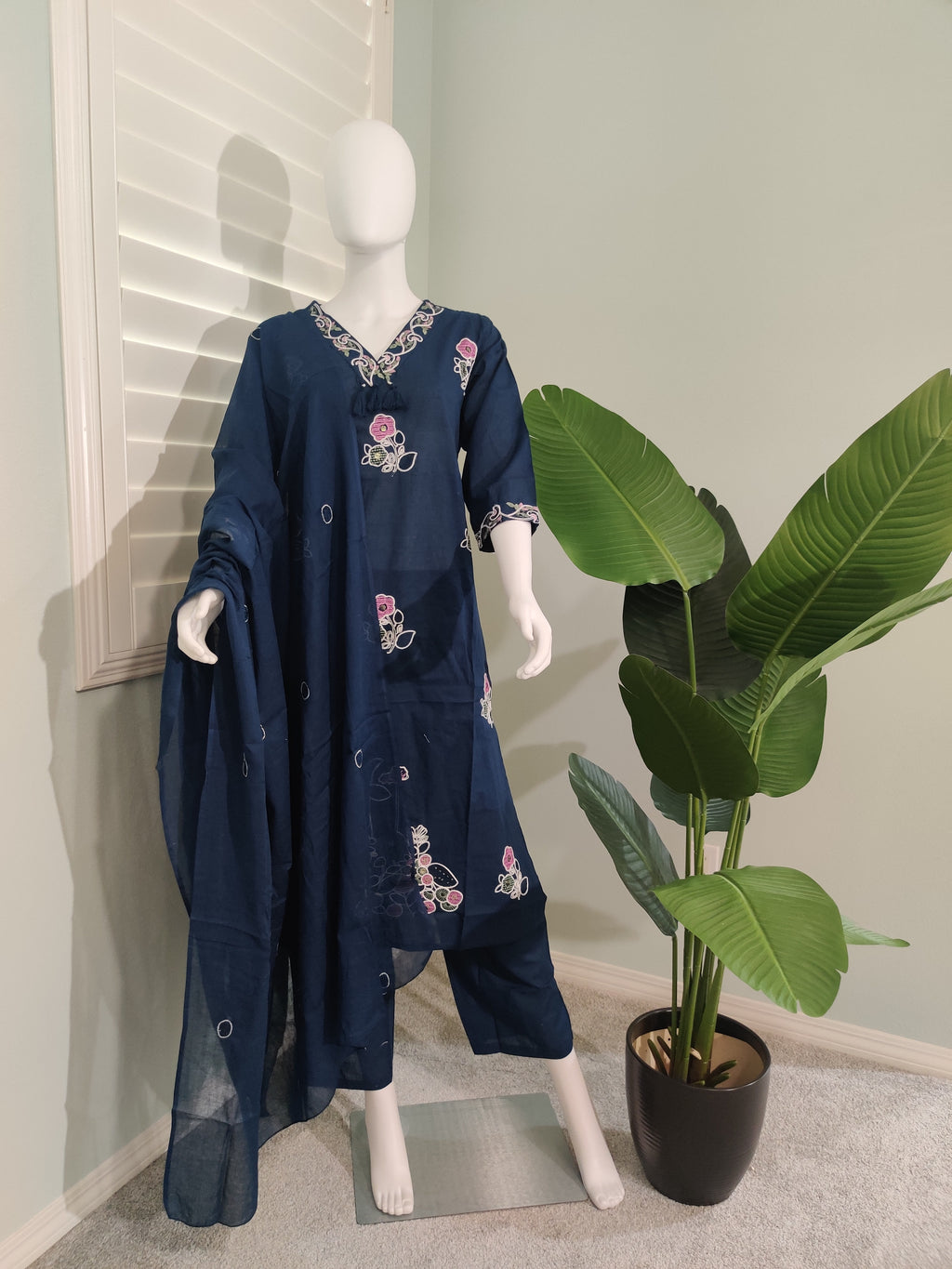 Navy Sequin Embroidered Cotton Kurta Set