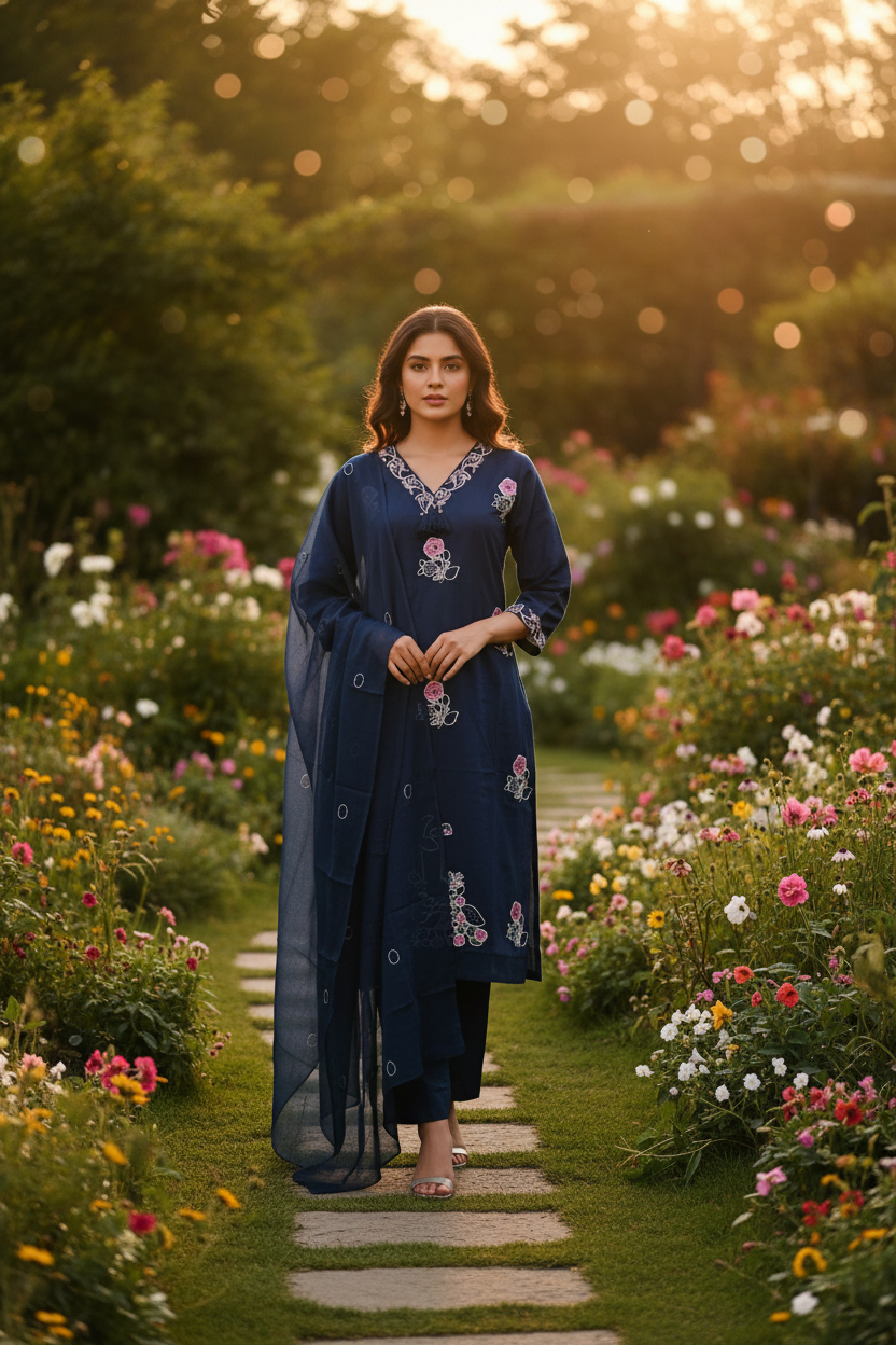 Navy Sequin Embroidered Cotton Kurta Set