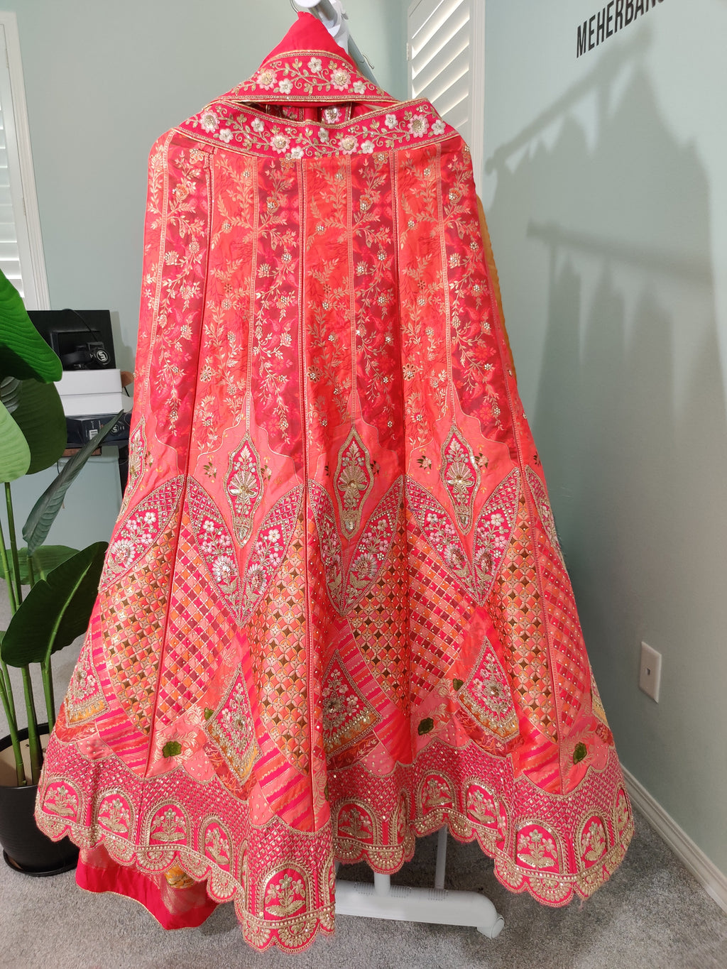 Lehenga – Pink and Orange Mirror work lehenga in Bloom”