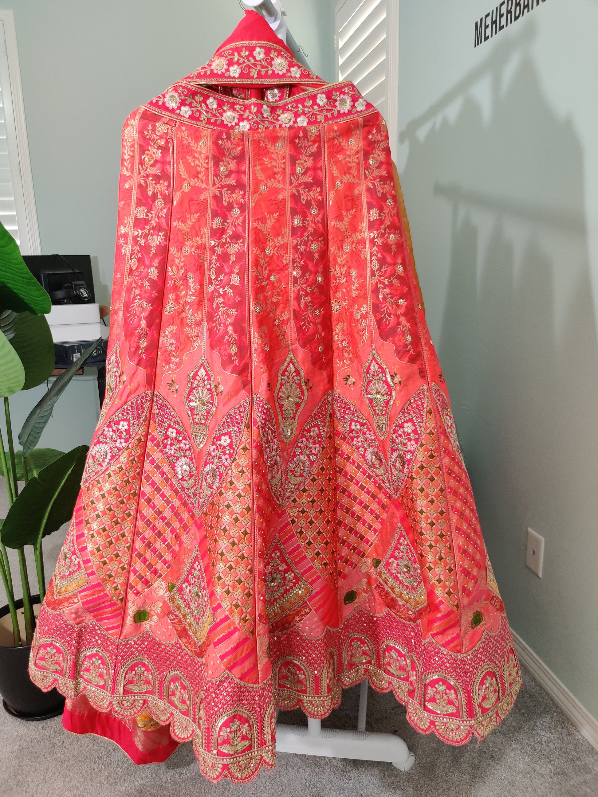Lehenga – Pink and Orange Mirror work lehenga in Bloom”