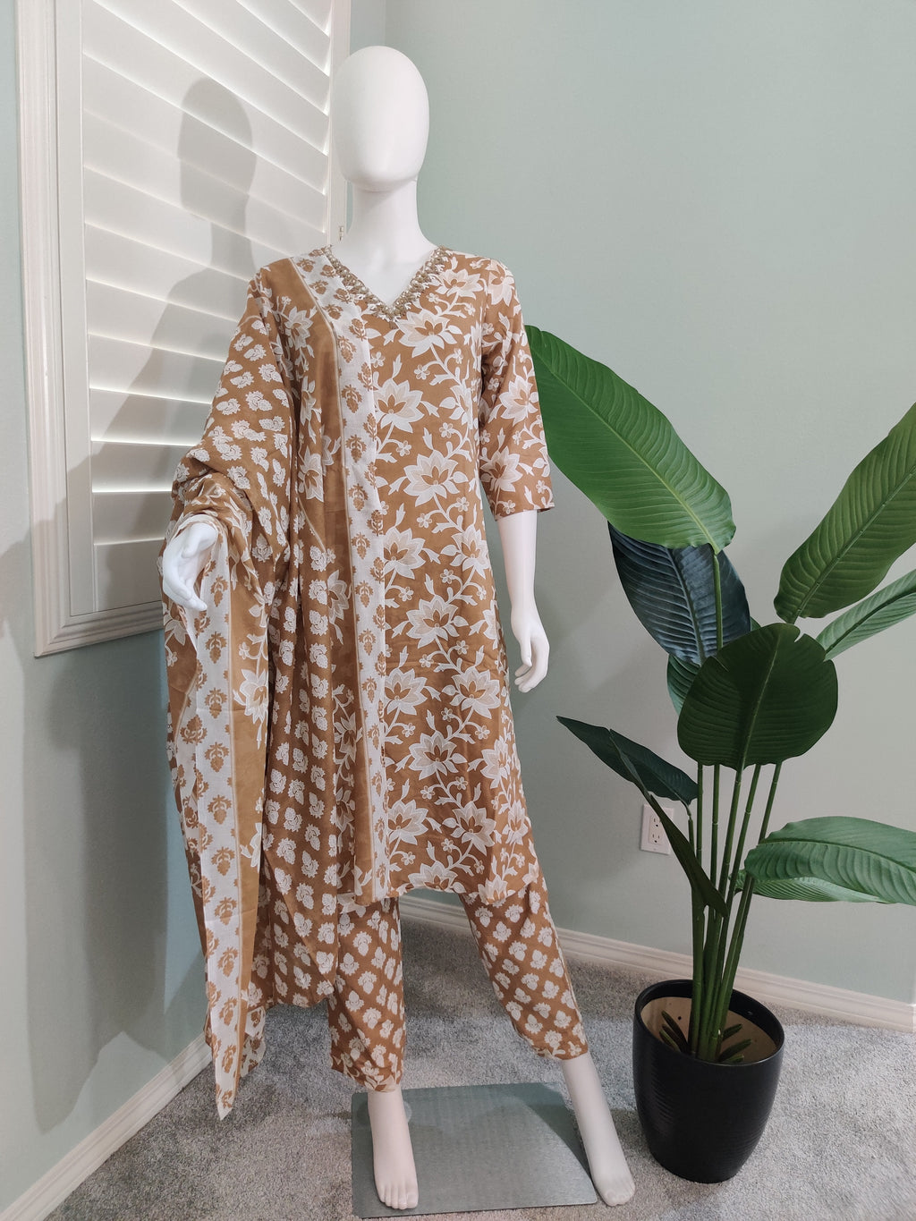 Beige Summer Wear Cotton Kurta Set
