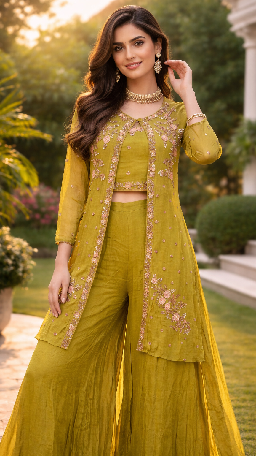 Chinon Indo Western Dress with a hand‑embroidered removable jacket.”