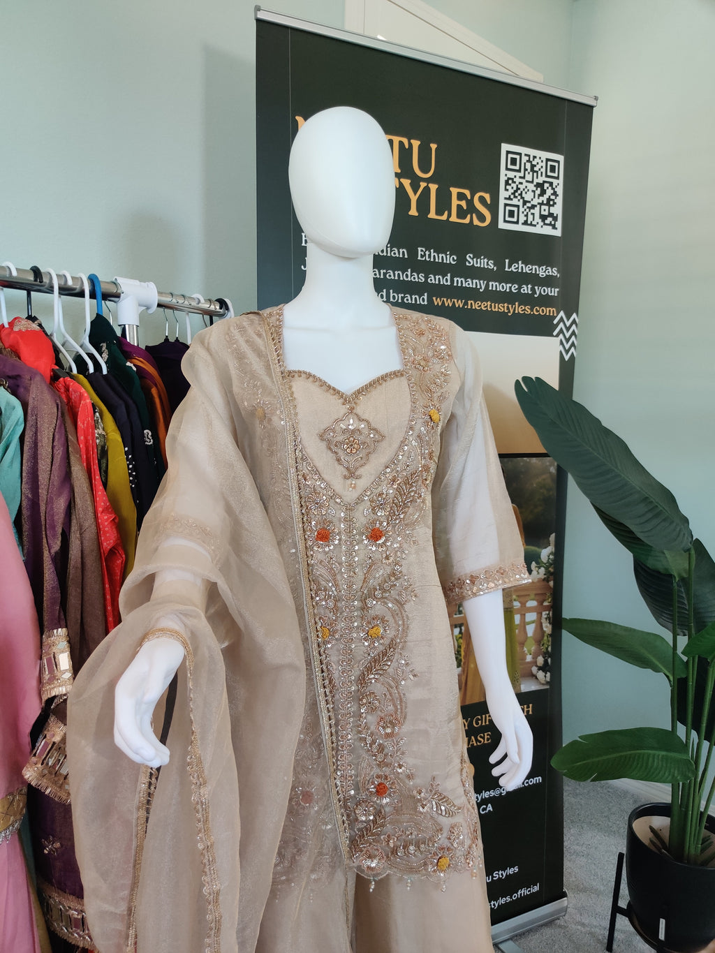 Elegant Beige Organza Embroidered Plazzo Suit