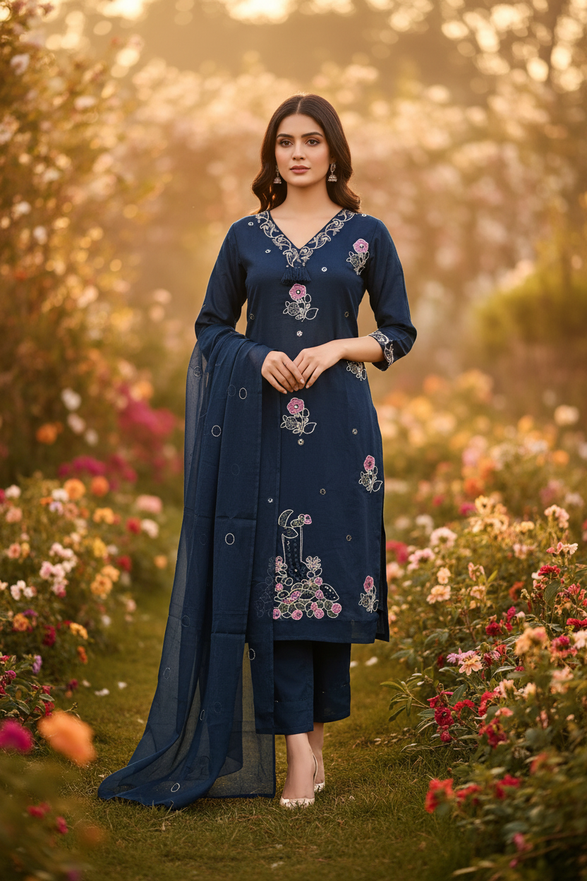 Navy Sequin Embroidered Cotton Kurta Set