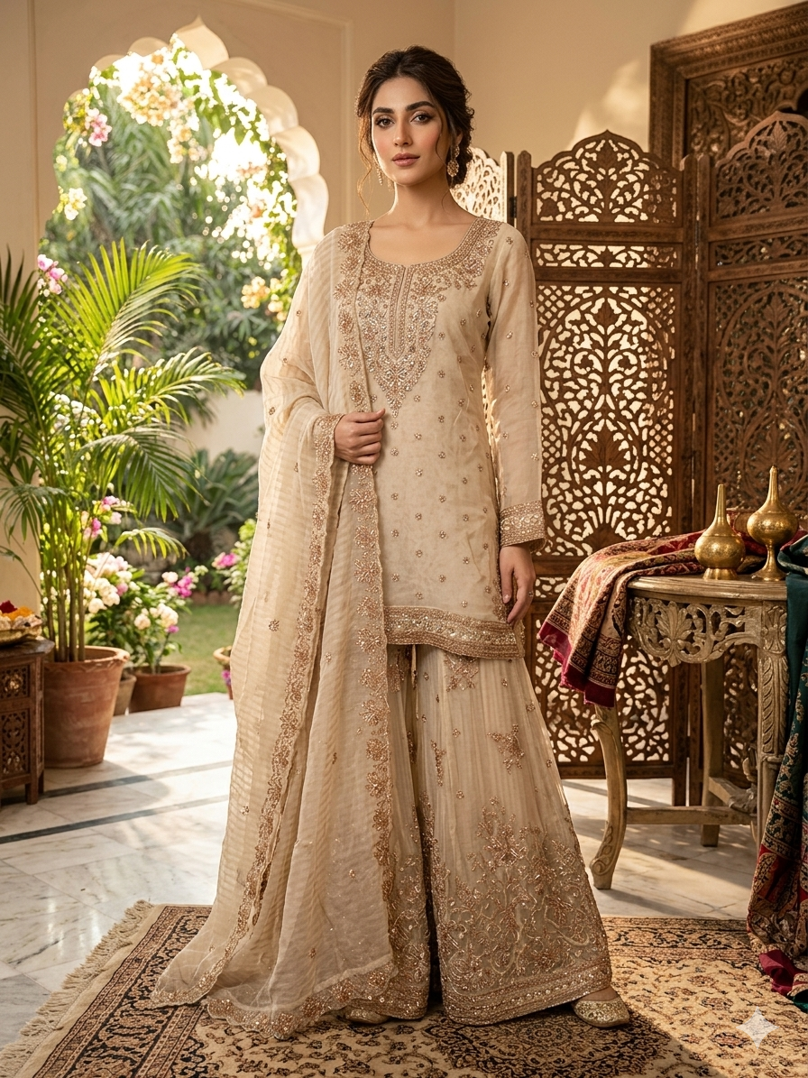 Beige Wedding Wear Handwork Embroidered Plazzo Suit